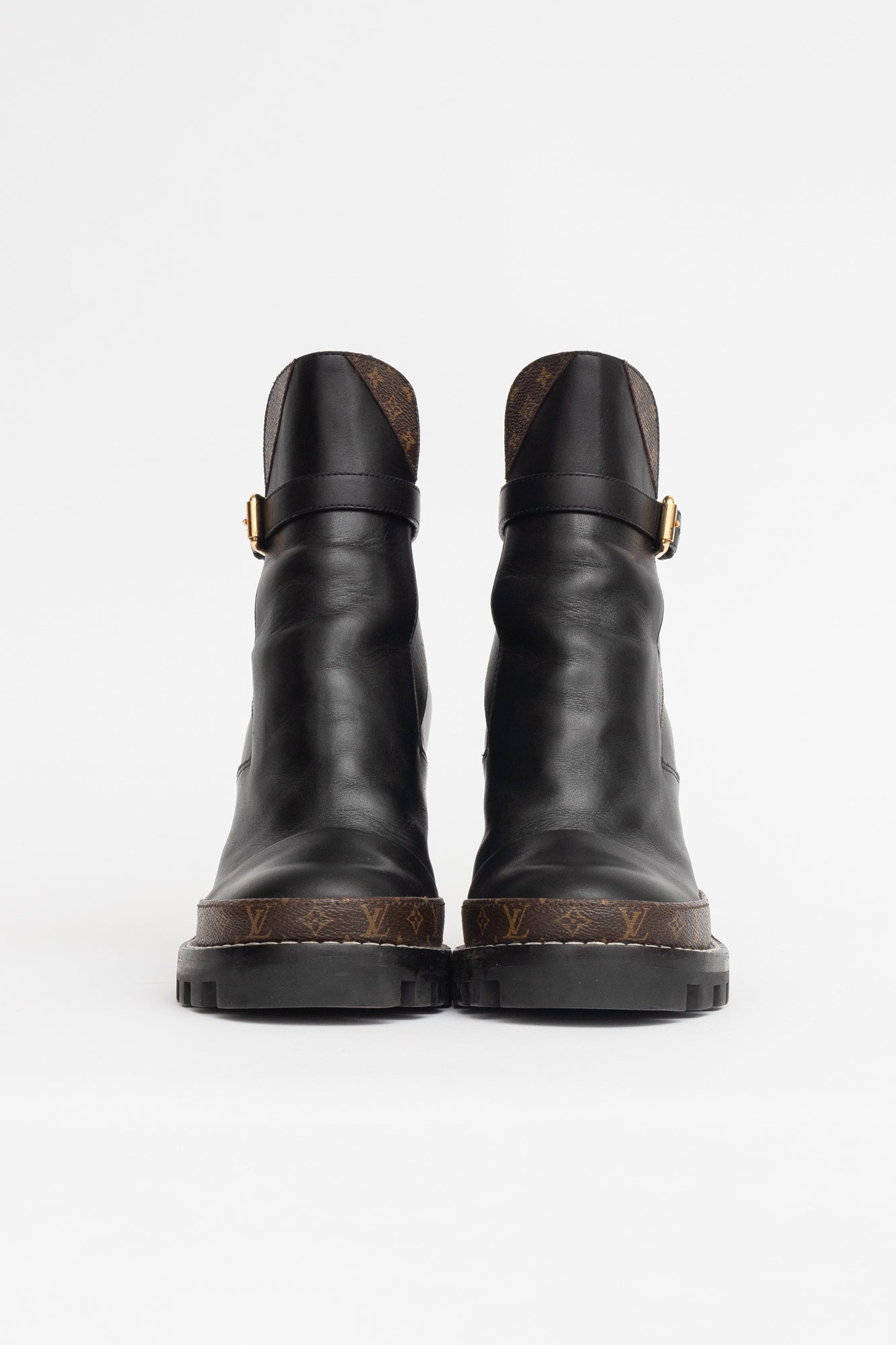 LV Monogram Black Leather Block Heel Boots