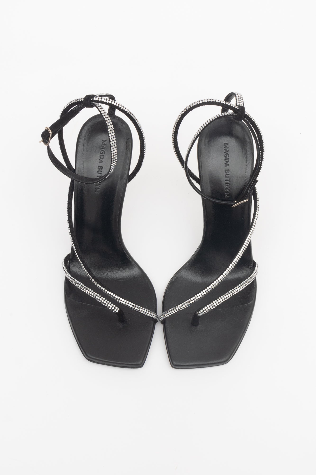 Black Leather Crystal Embellished Strap Sandals