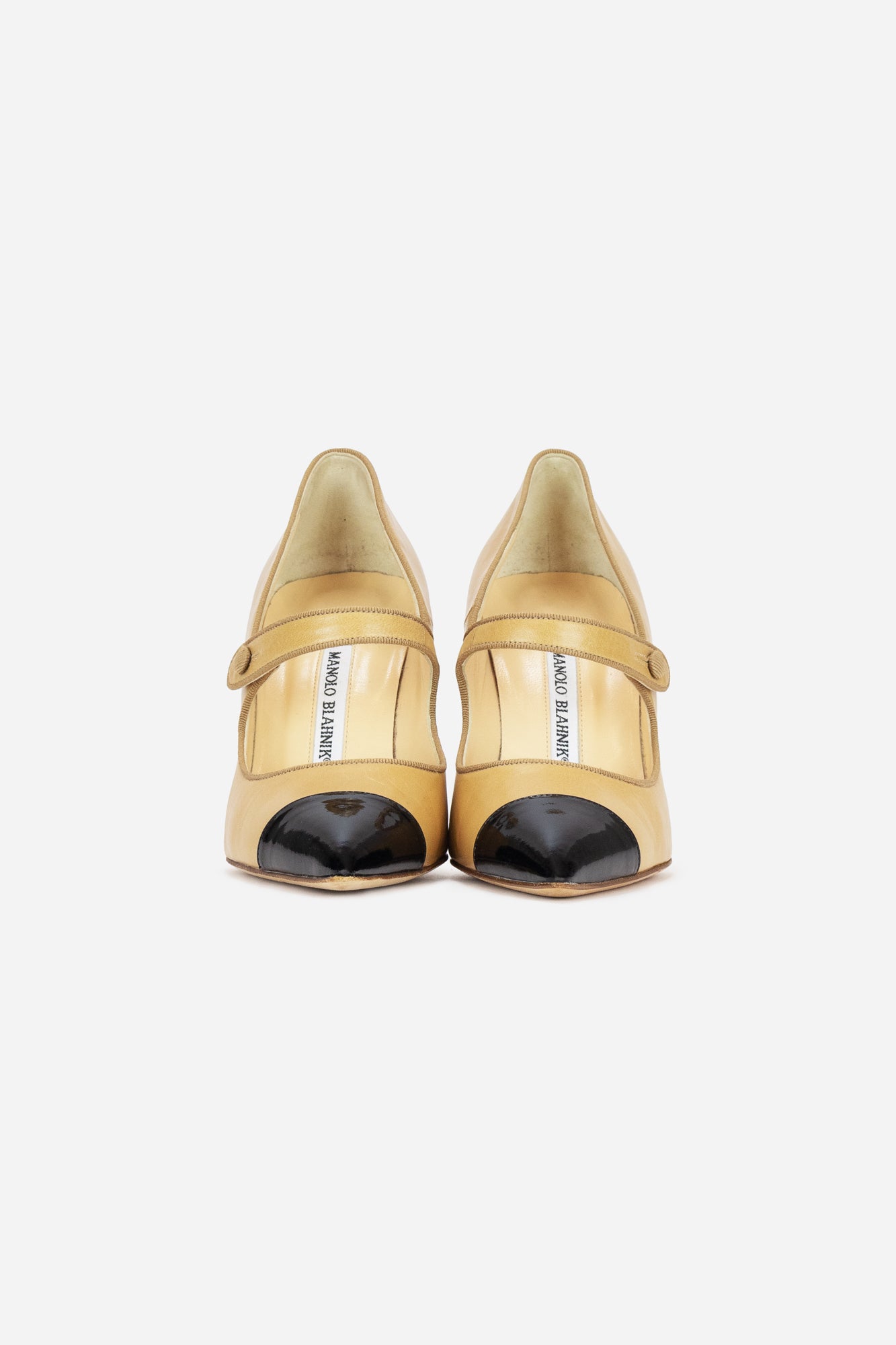 Beige Leather Caparinew Pumps with Black Patent Leather Cap-Toe