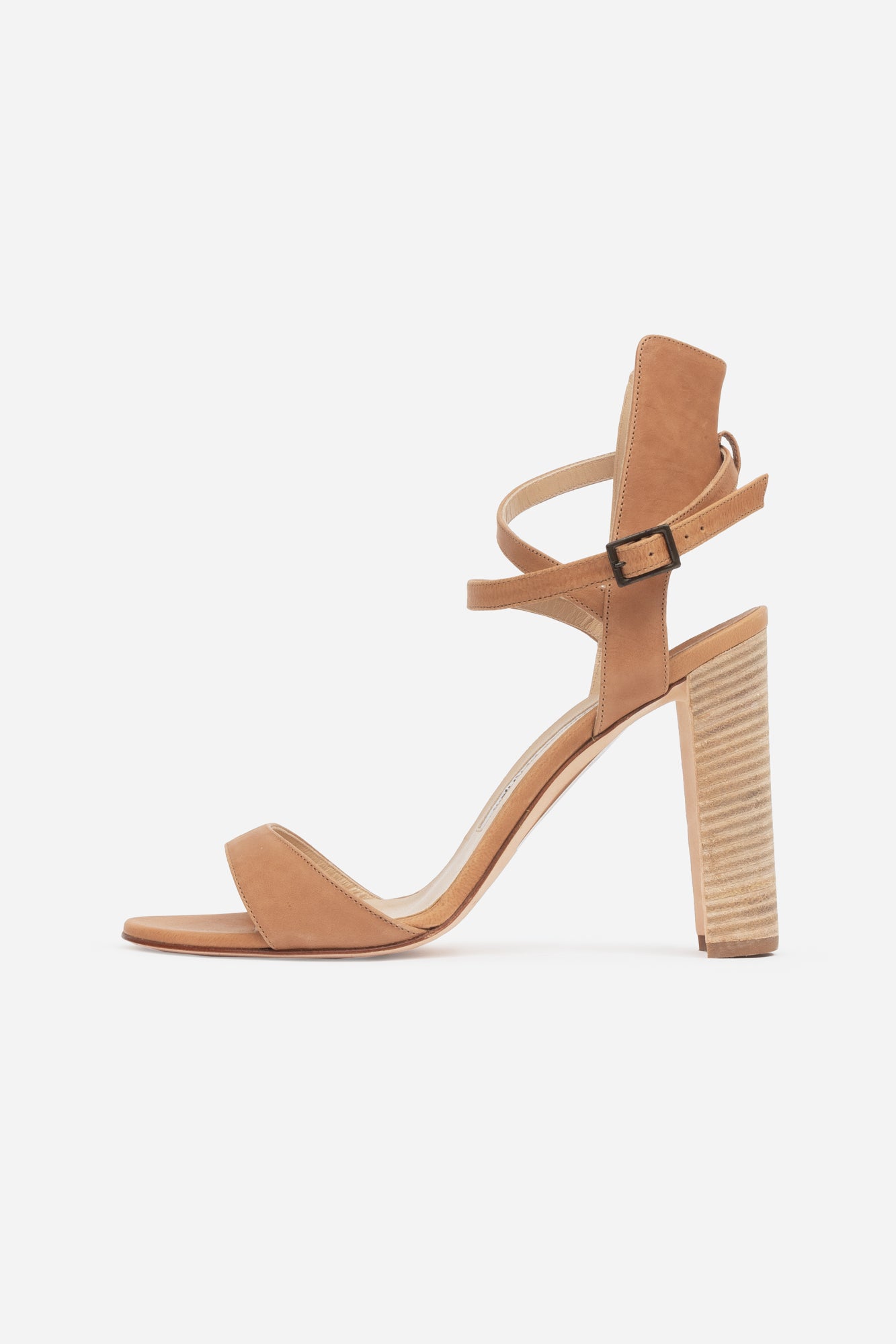 Beige Leather Criss-Cross Block Heel Pump