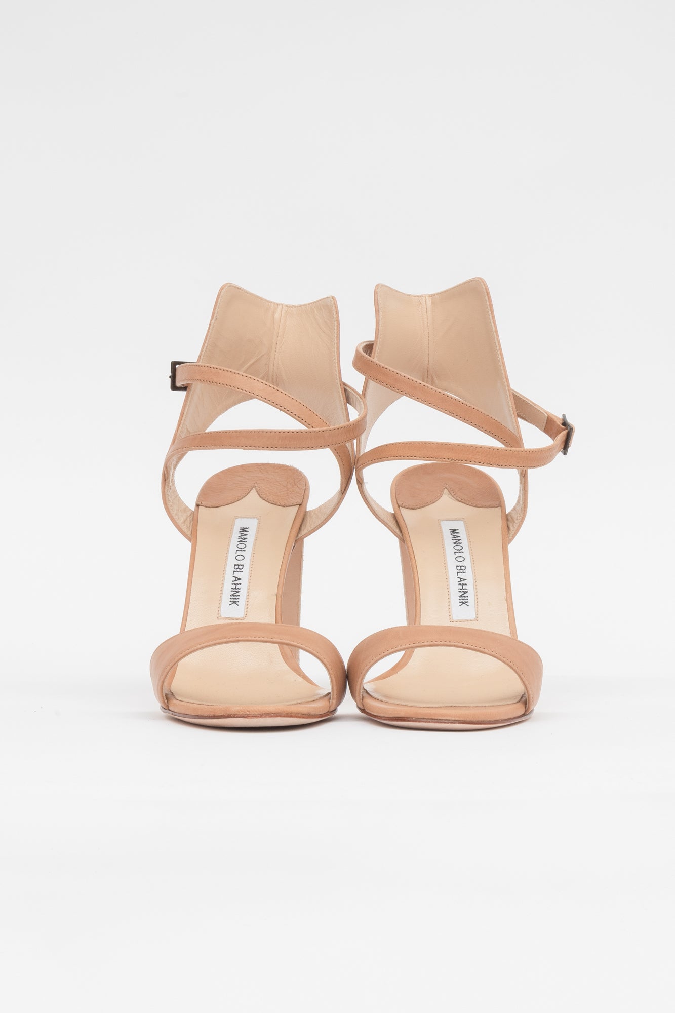 Beige Leather Criss-Cross Block Heel Pump