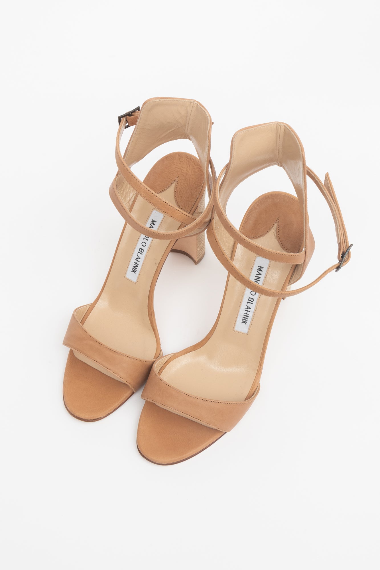 Beige Leather Criss-Cross Block Heel Pump