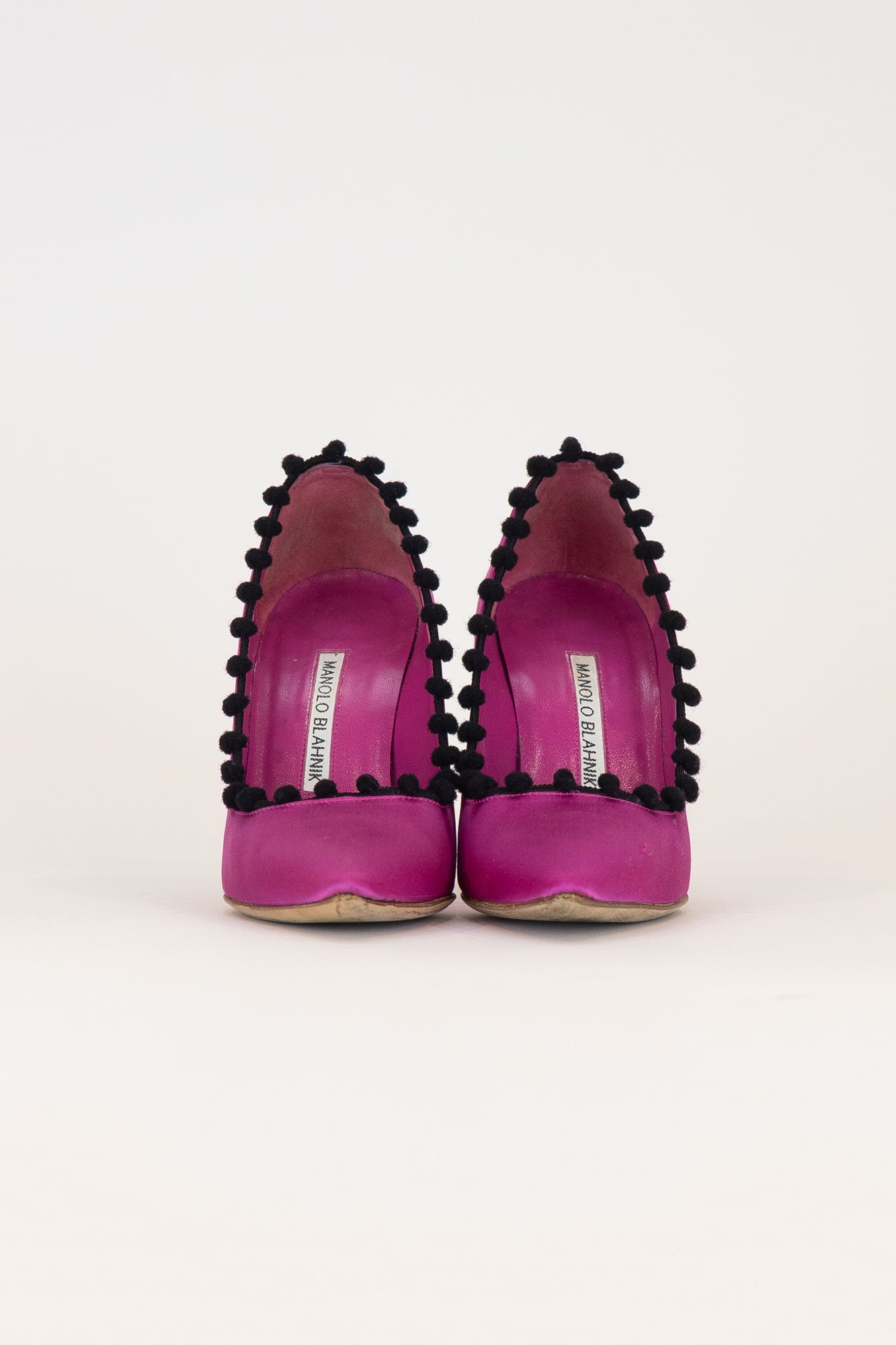 Pink and Black Suede Pom Pom Pumps