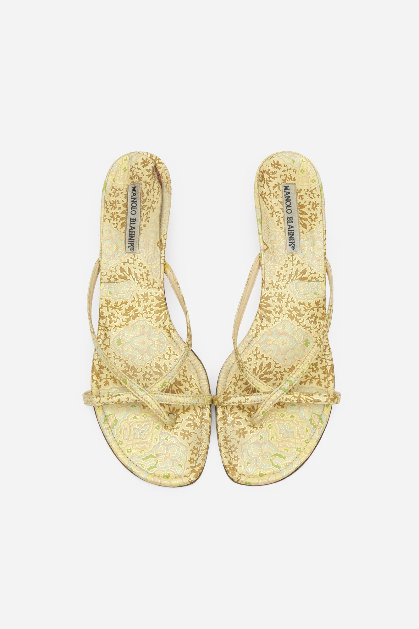 Vintage Gold Leather Brocade Printed Kitten Heel Sandals
