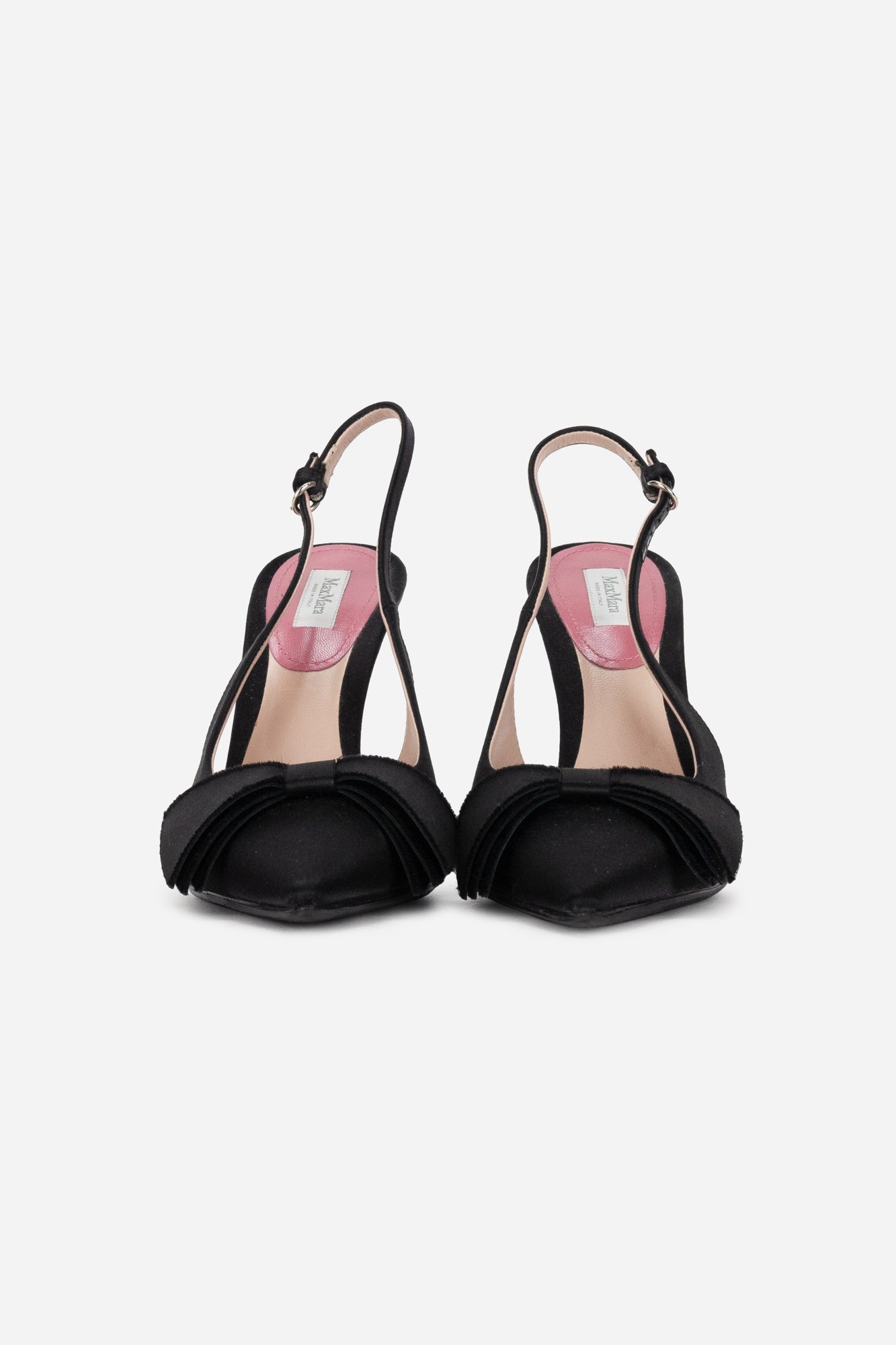 Black Satin Slingback Pointed Toe Pumps with Bow Detail