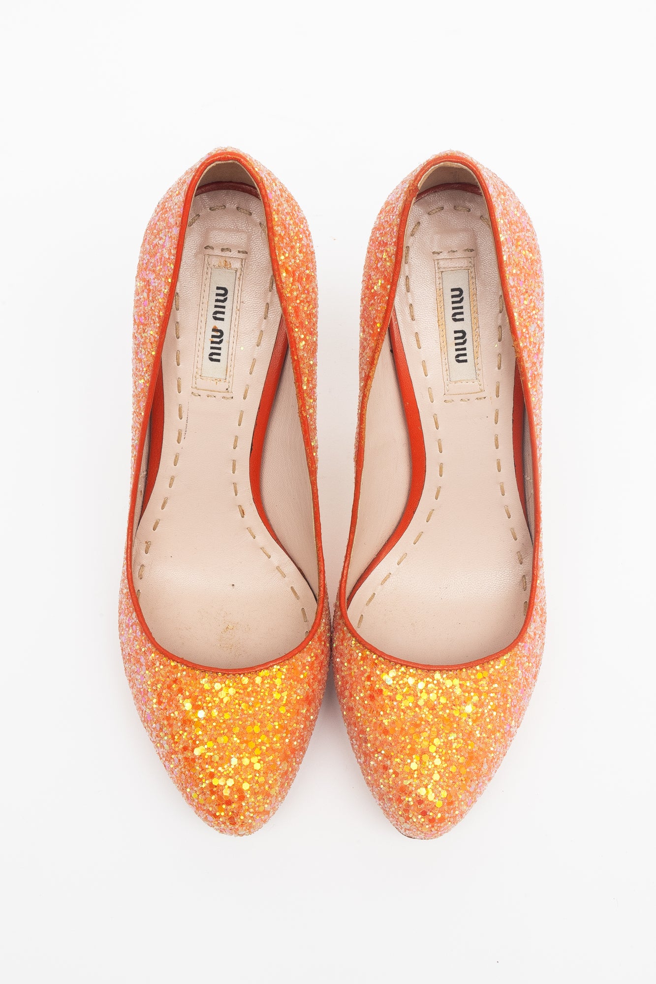 Orange Glitter Round Toe Pumps