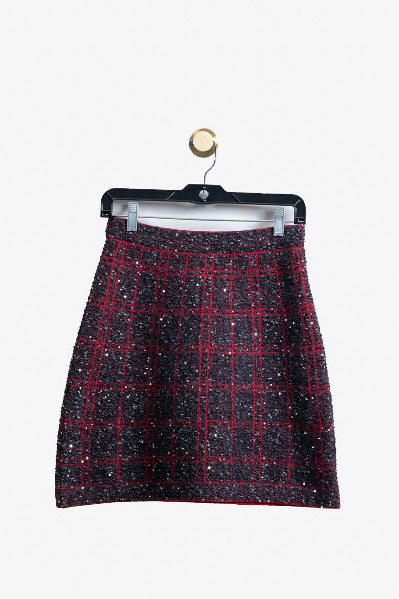 Red Plaid Tweed Sequin Mini Skirt ?