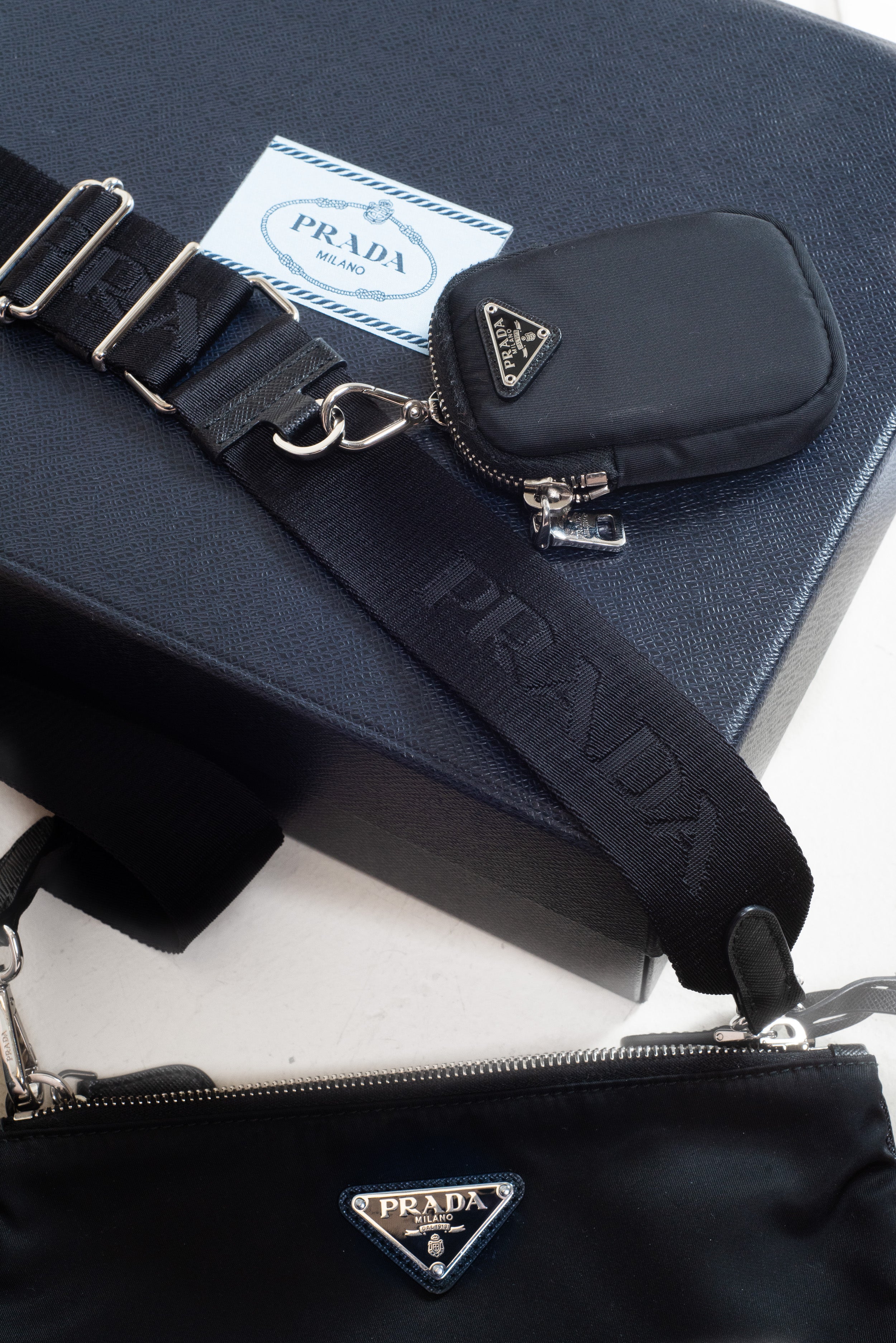 Prada Black Re-Nylon and Saffiano Crossbody Bag with box