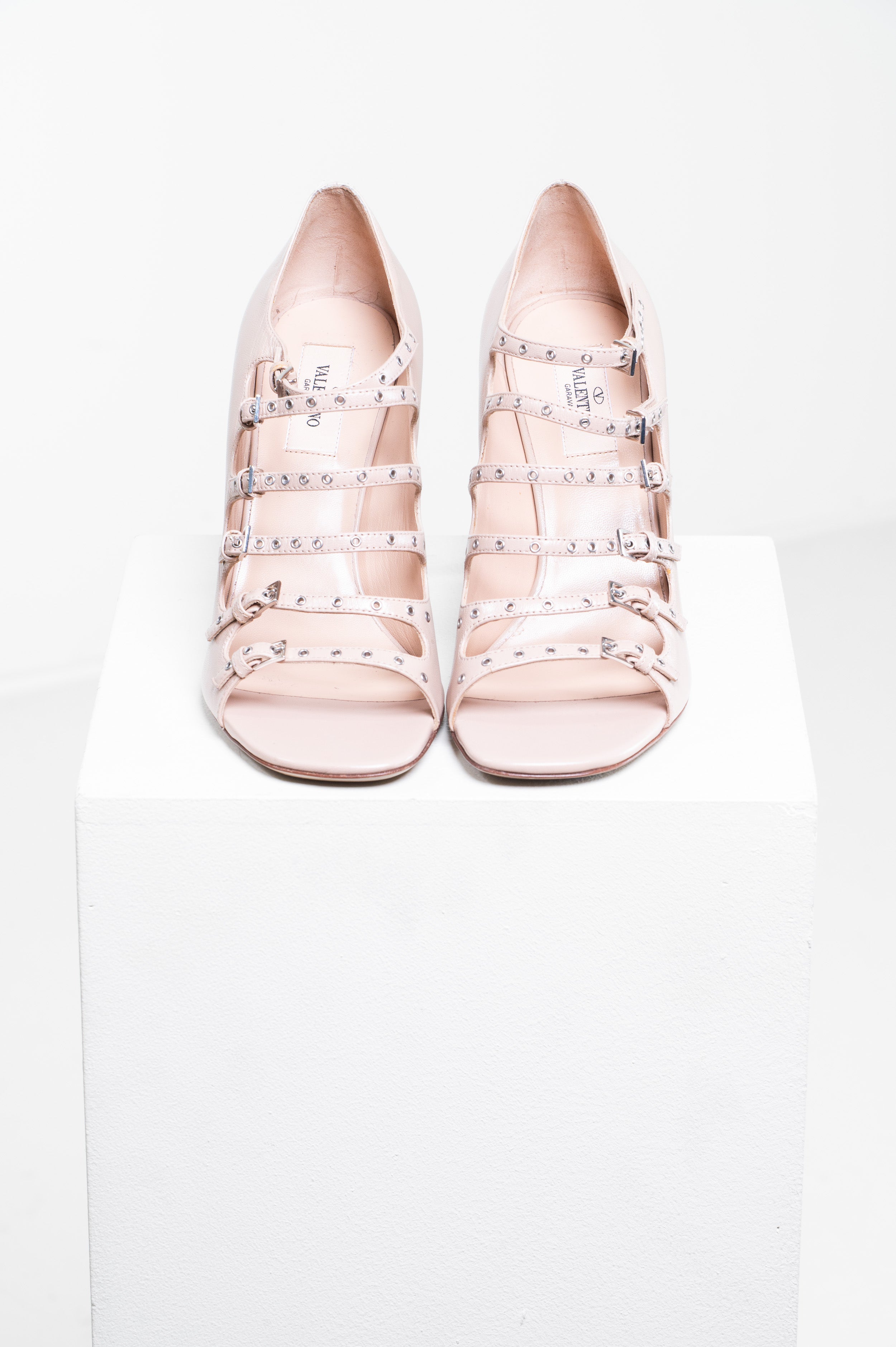 Front view of Valentino Nude Leather Multi Buckle Heels 