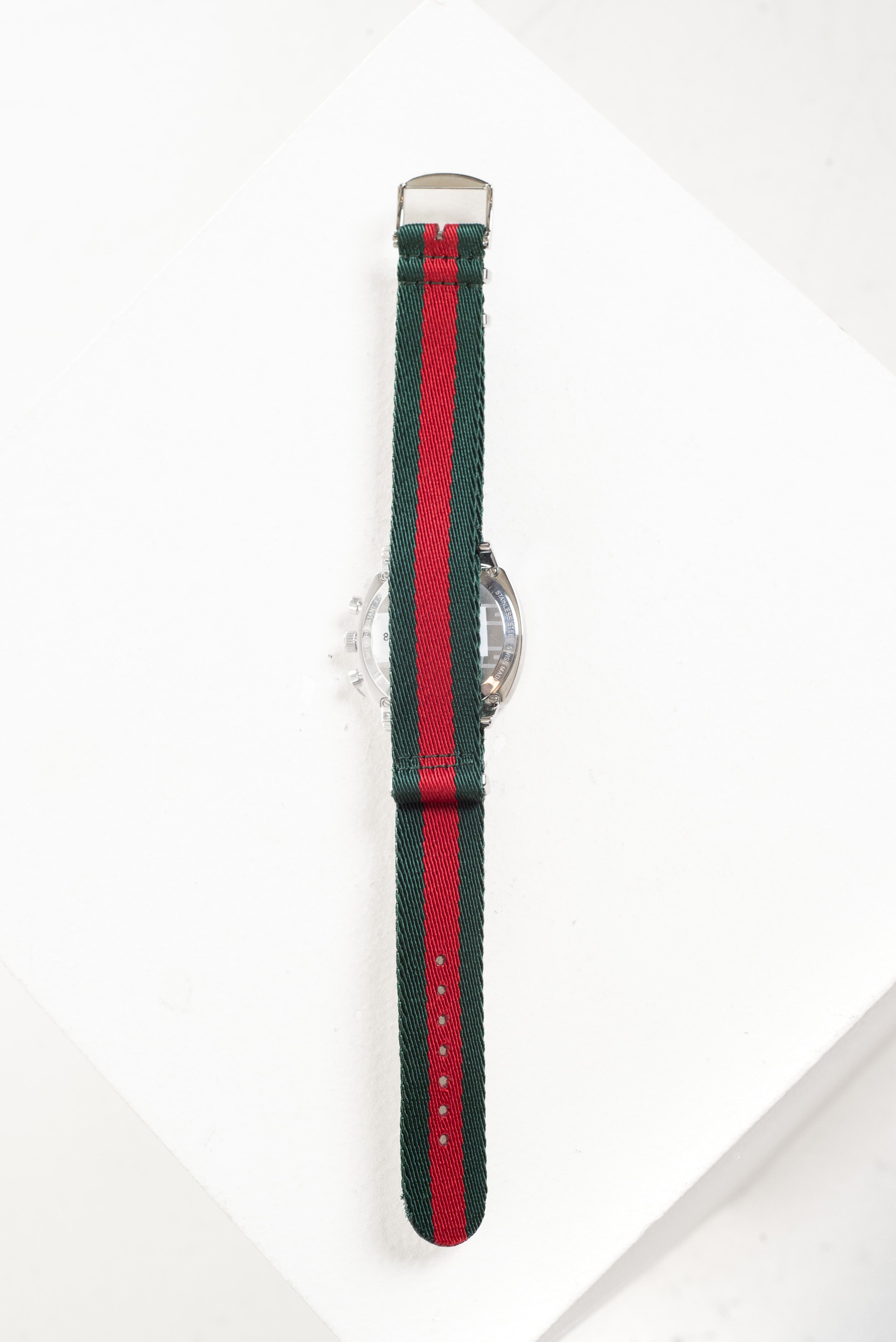 Green and red recycled polyester strap of Gucci Web Tachy Meter Watch