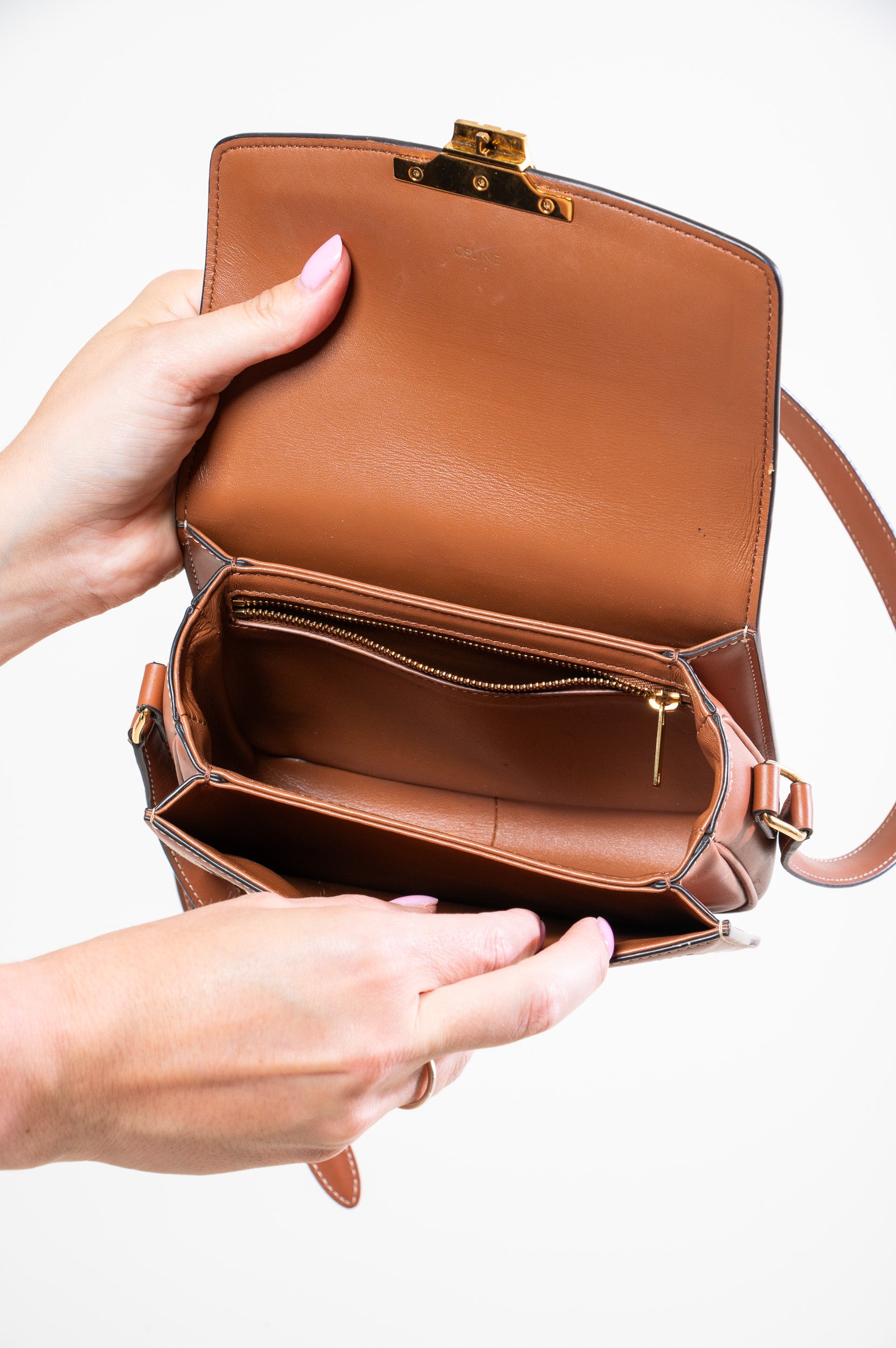 Interior view of Celine Teen Triomphe Canvas Leather Crossbody Bag