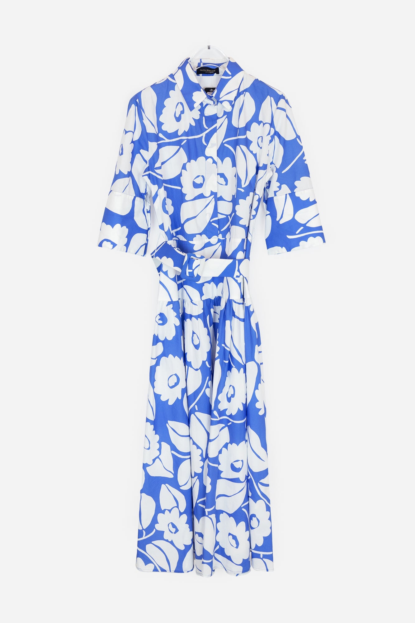 Blue and White Printed Belted Midi Dress