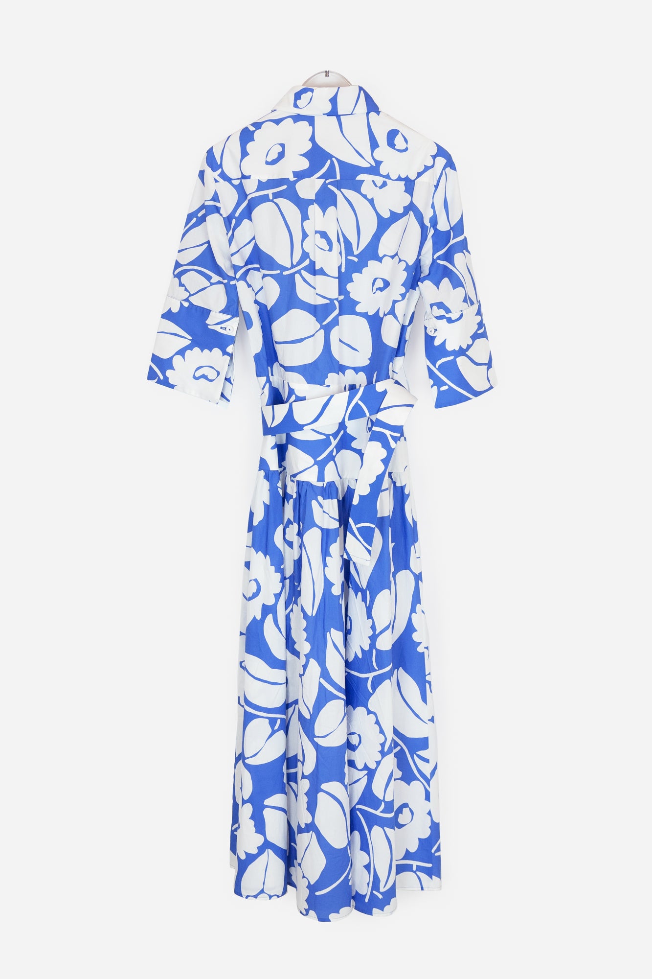 Blue and White Printed Belted Midi Dress