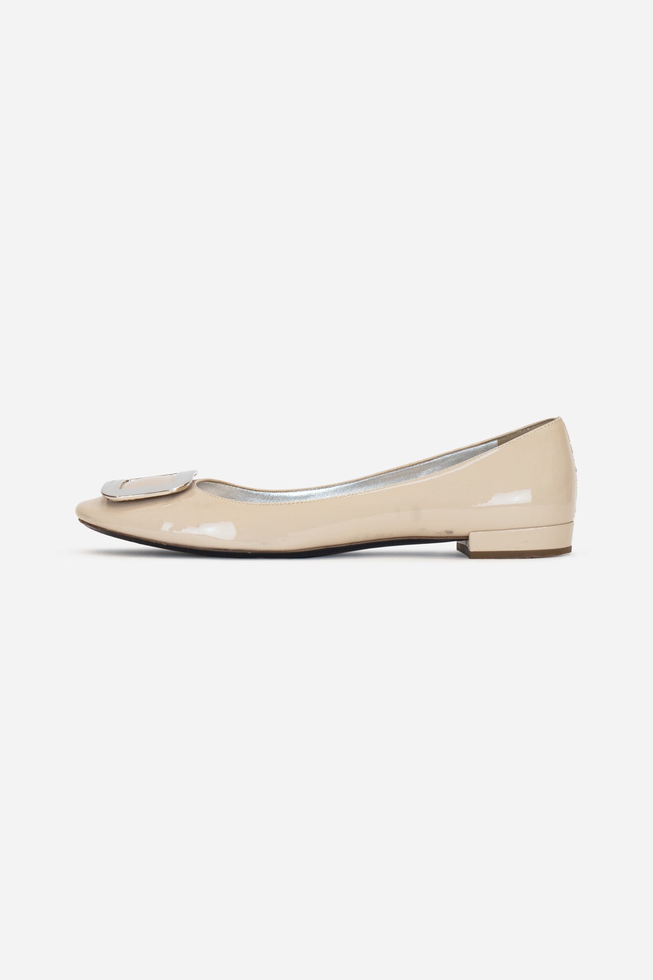 Beige Patent Flats Silver Square Toe Buckle