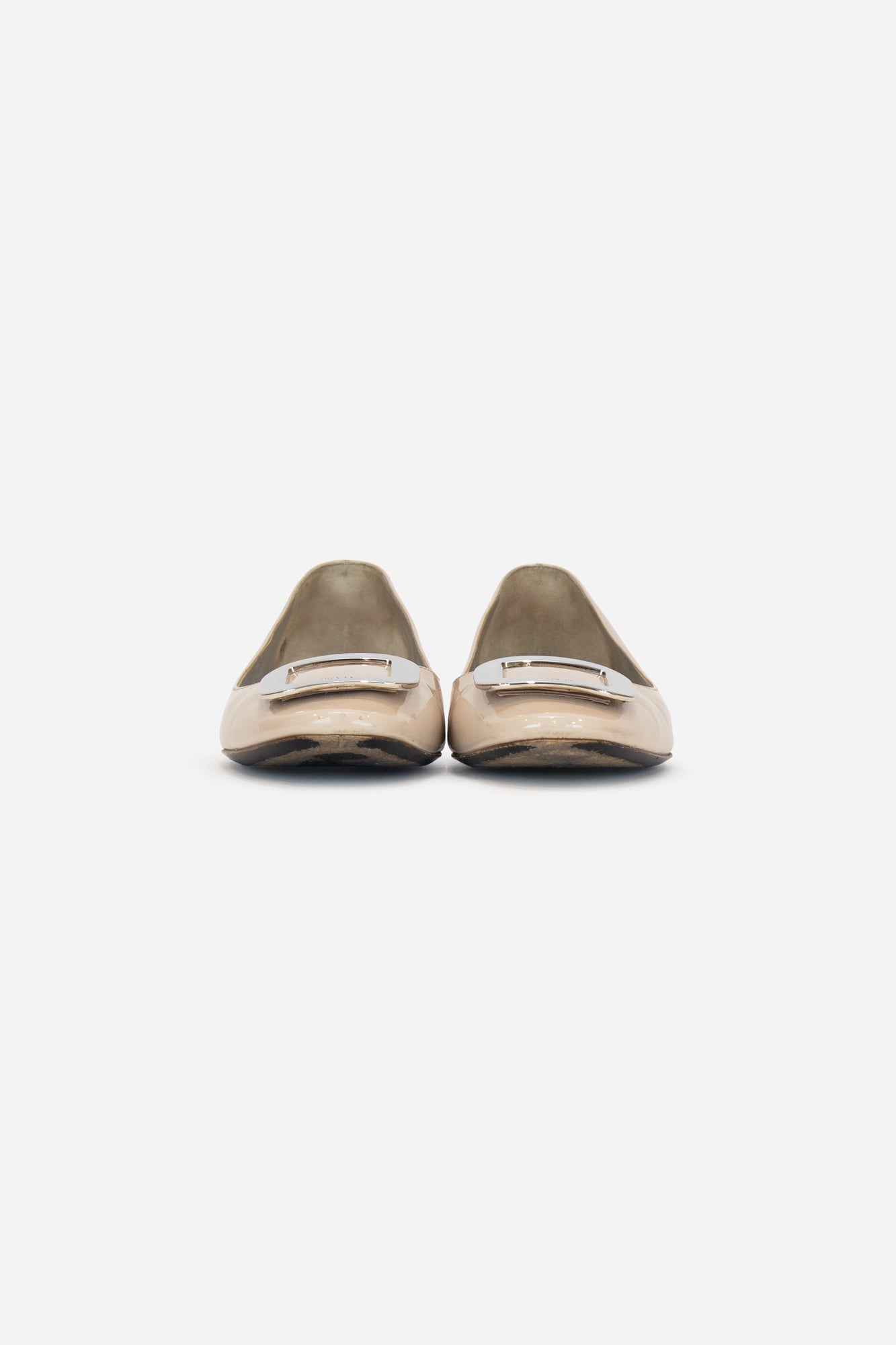 Beige Patent Flats Silver Square Toe Buckle