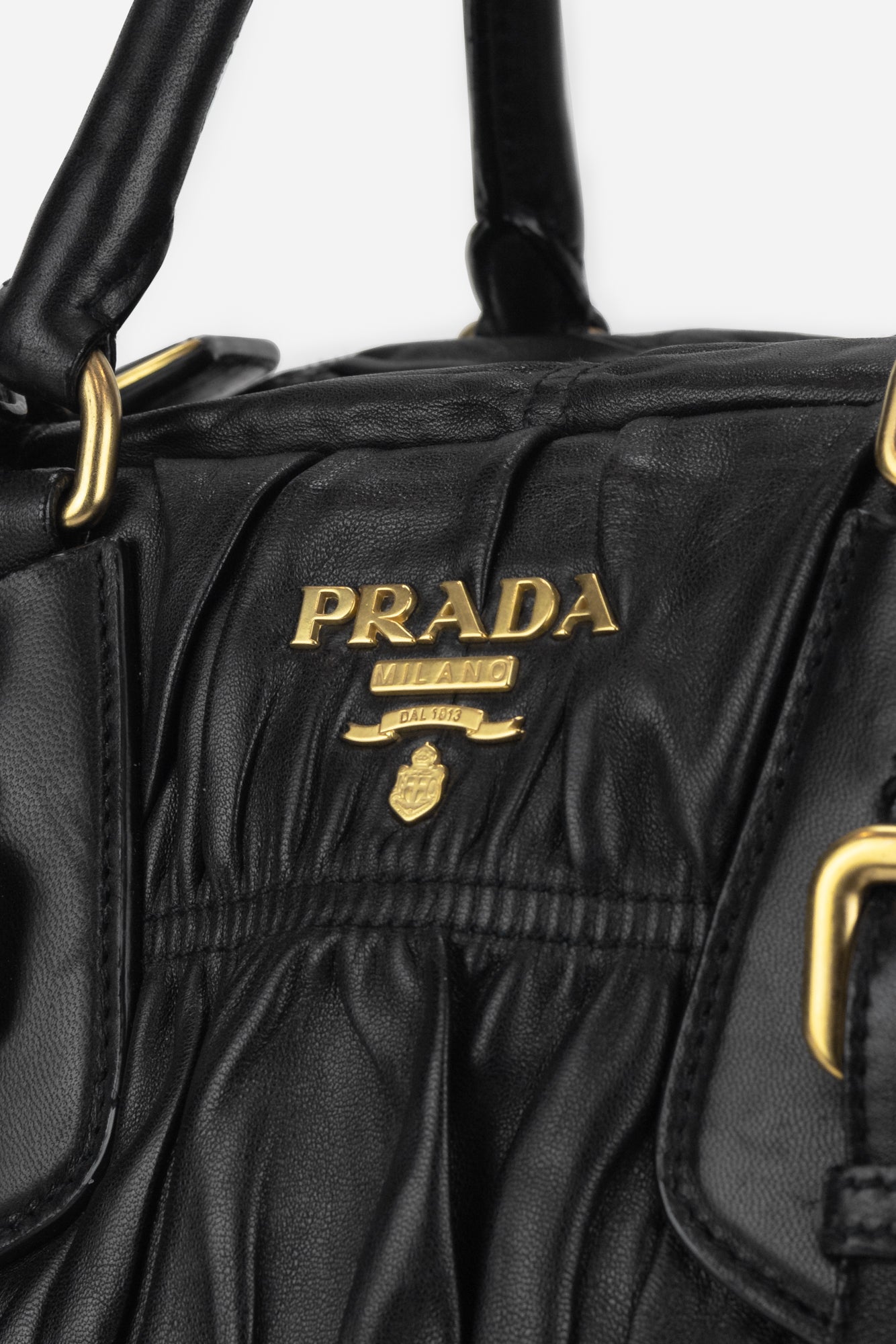 Black Leather Gaufre Top Handle Bag