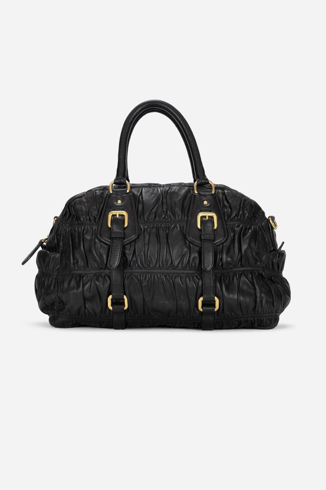 Black Leather Gaufre Top Handle Bag