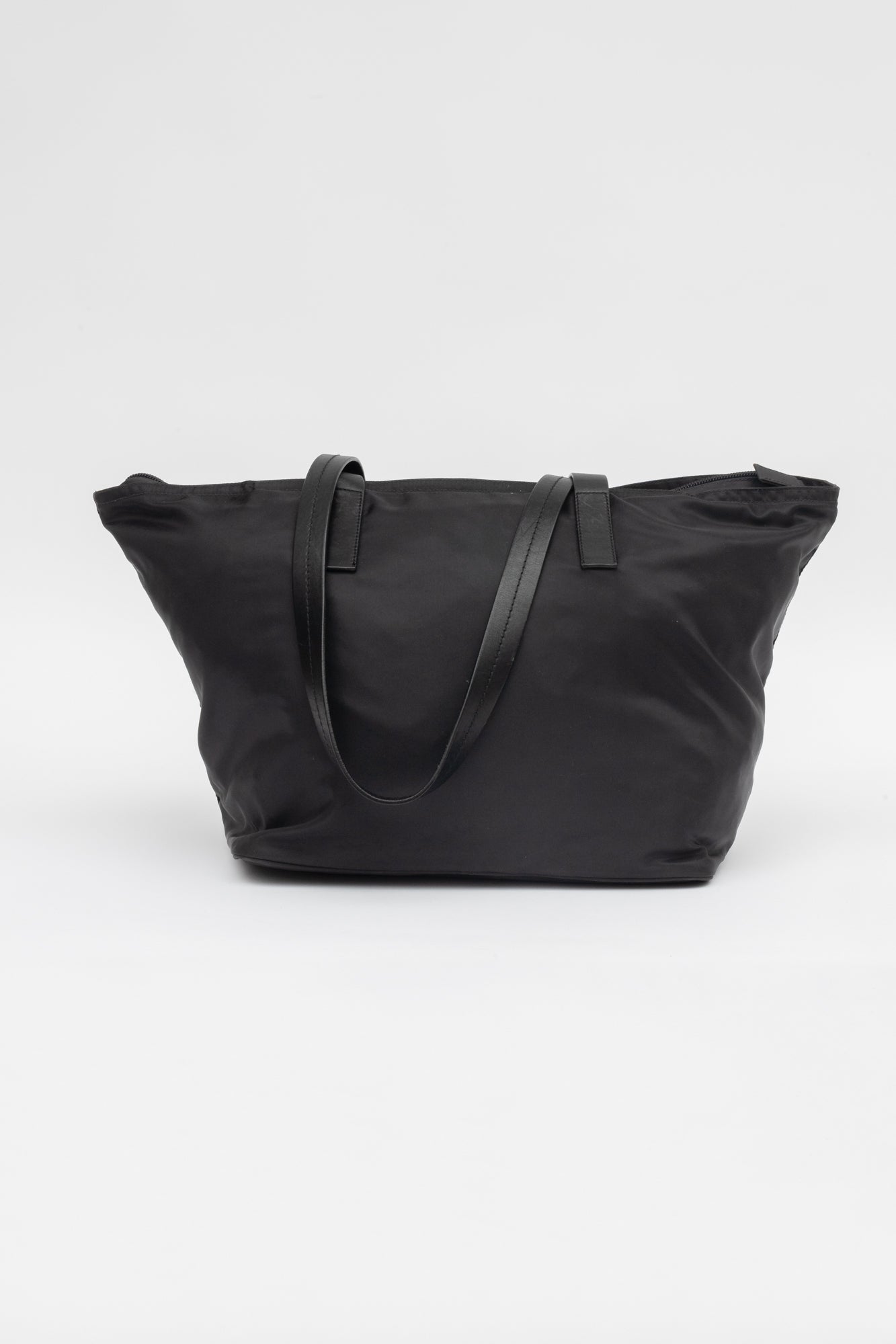 Black Nylon/Leather Top Handle Shopping Tote