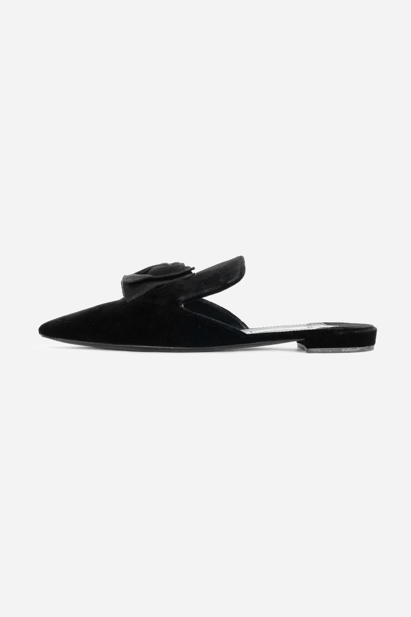 Black Velvet Pointed Toe Mules with Bow Detail