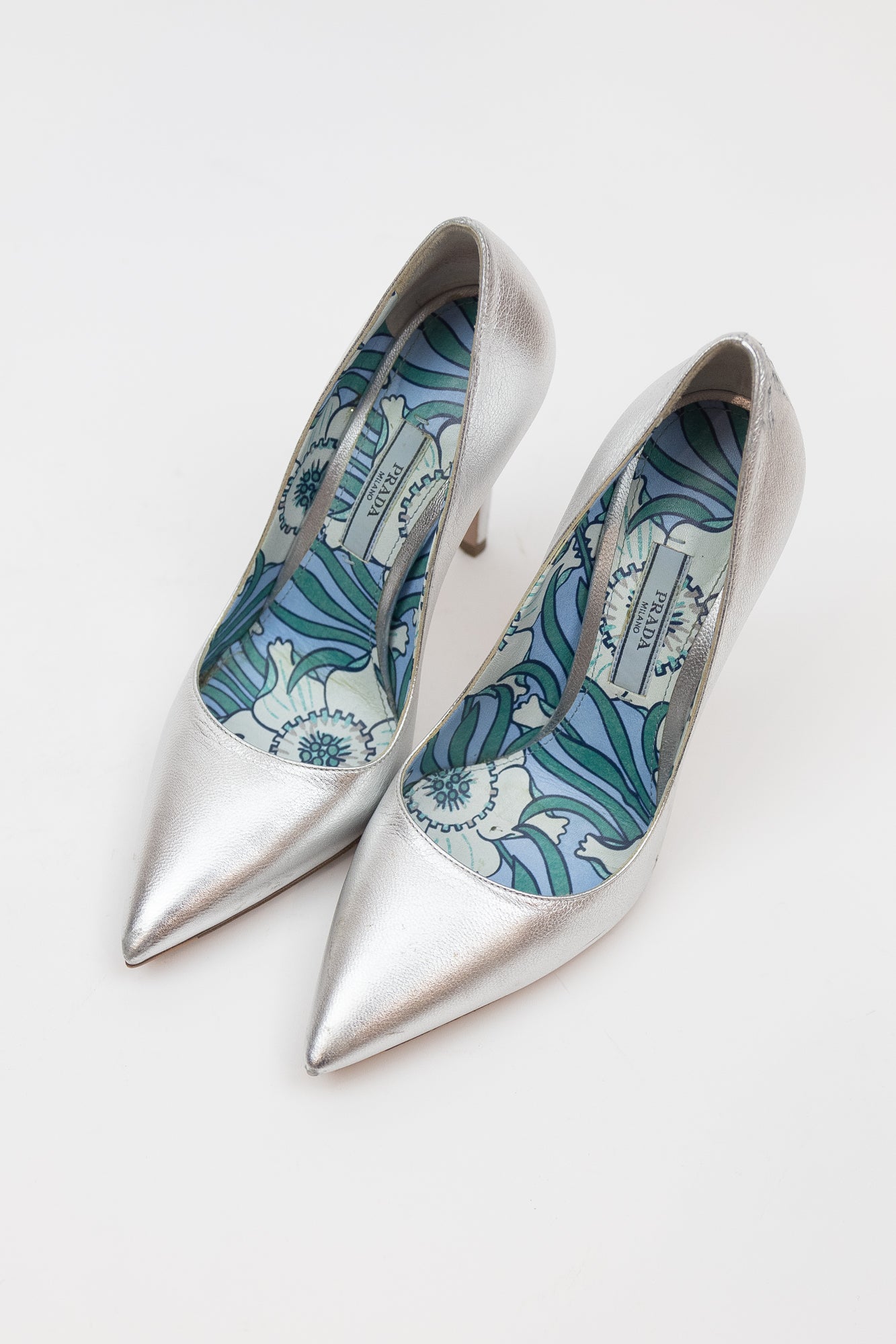 Silver Pointed Toe Pump Blue Paisley Interior