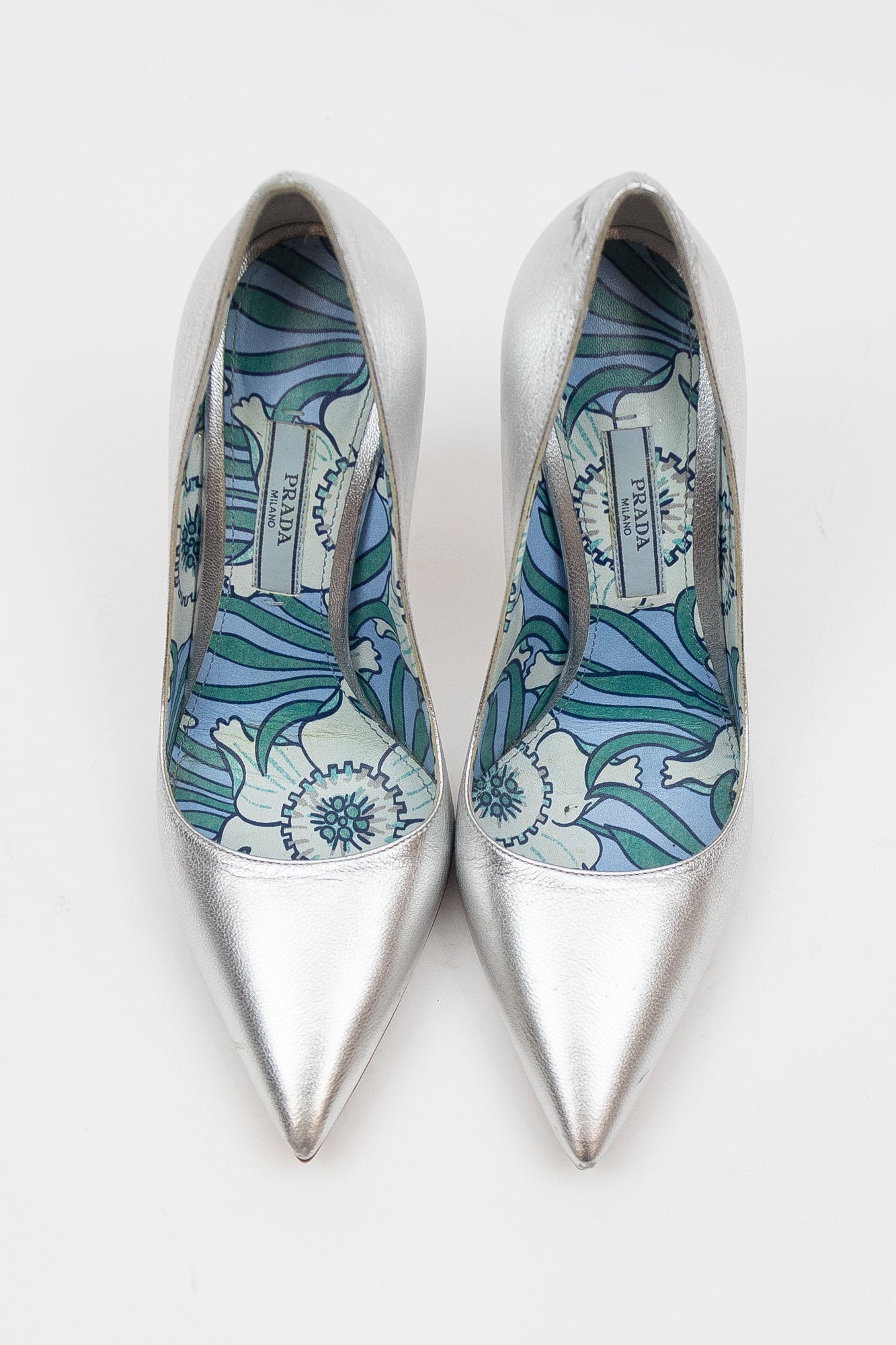 Silver Pointed Toe Pump Blue Paisley Interior