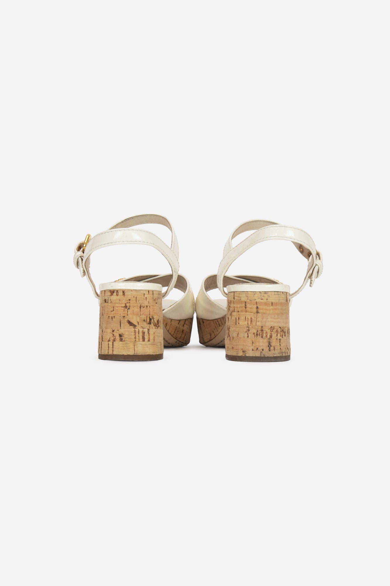 White Patent Cork Block Heel Sandals