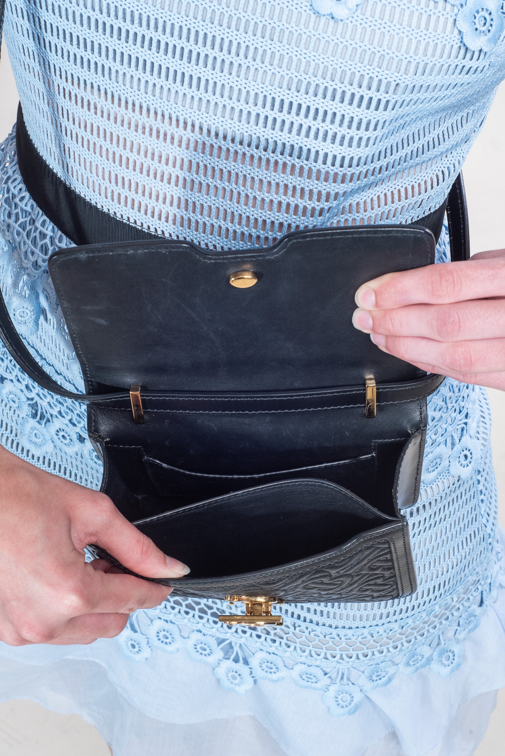 Interior view of Burberry Black Leather Small Quilted Jessie Monogram TB Crossbody Bag