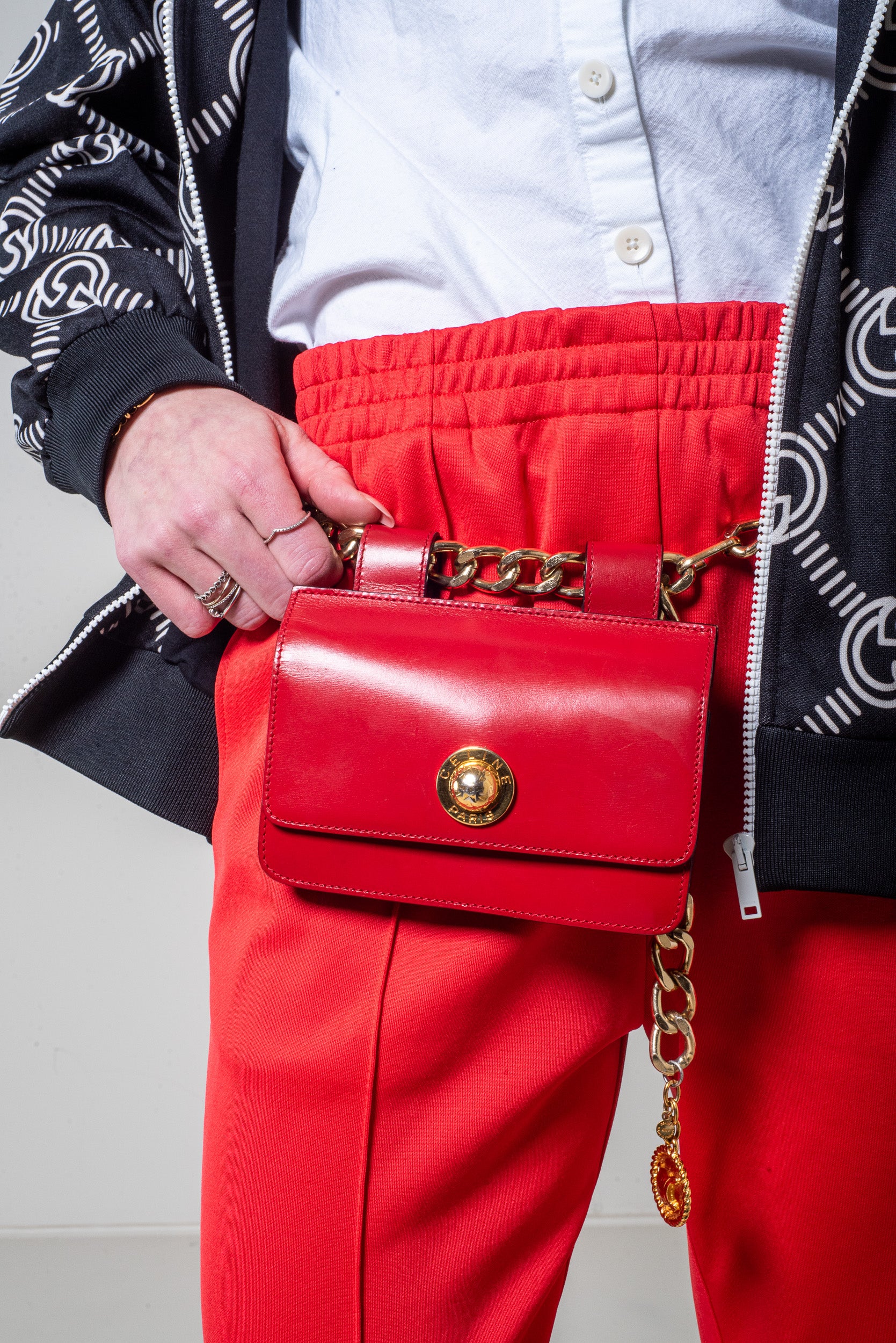 Gold Chain Link Red Leather Belt Purse