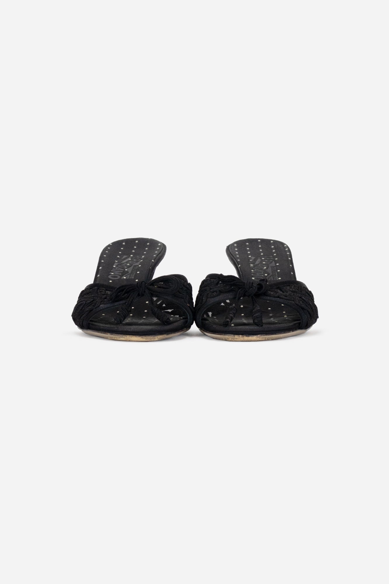 Black Embroided Kitten Heel Sandals