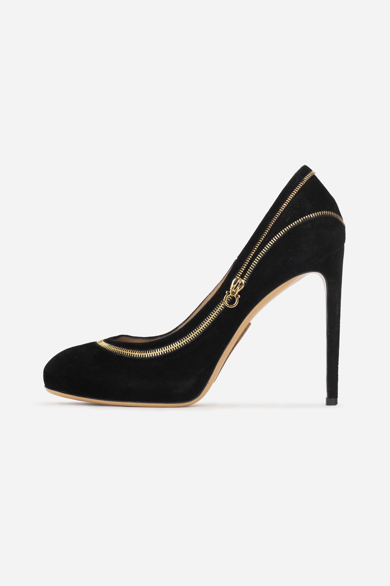 Black Suede Pumps Gold Zipper Detail