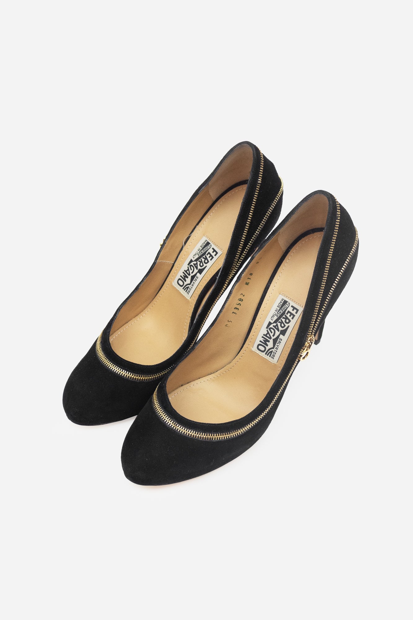 Black Suede Pumps Gold Zipper Detail