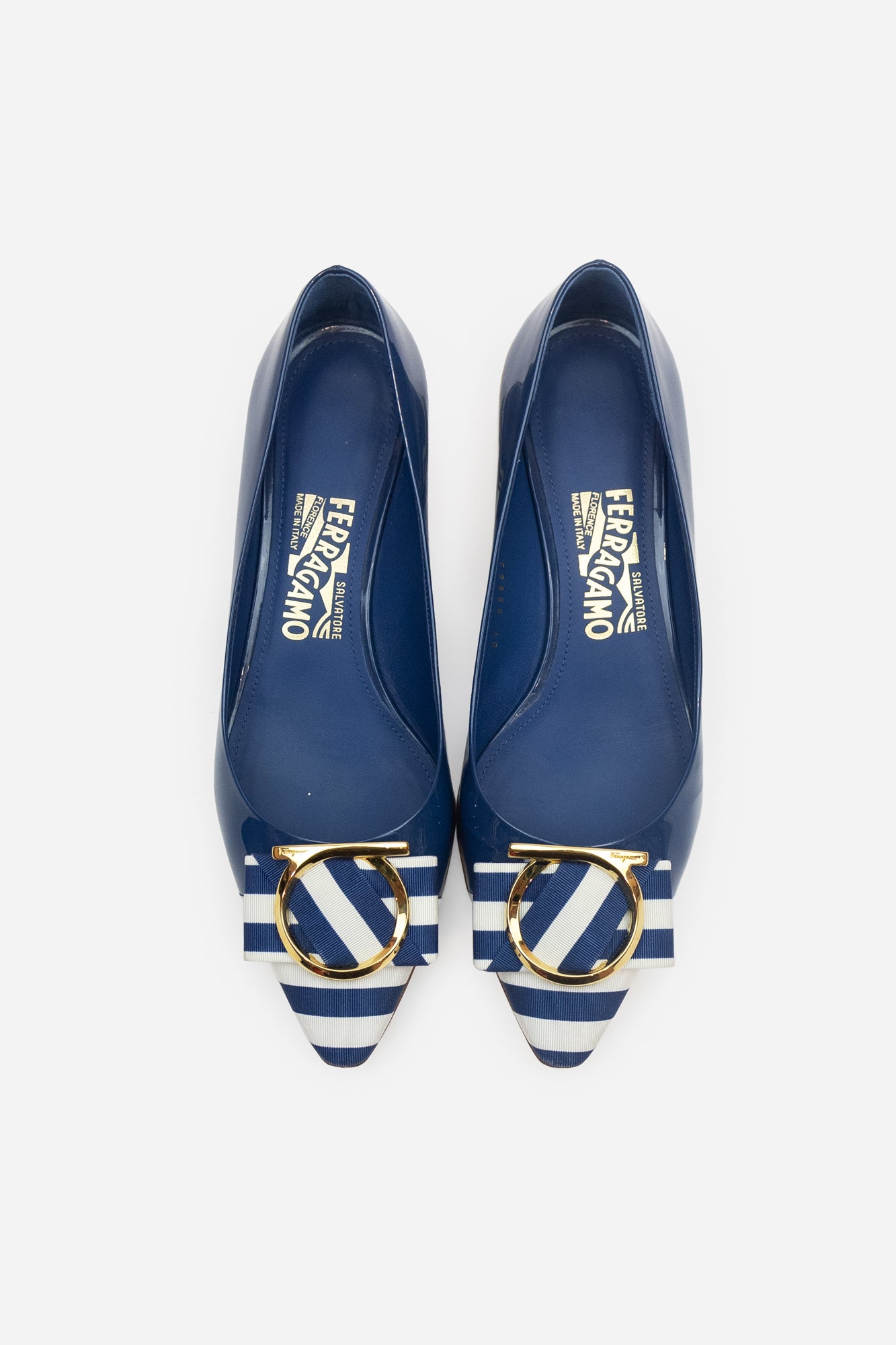 Blue Patent Stripe Bow Heeled Loafer