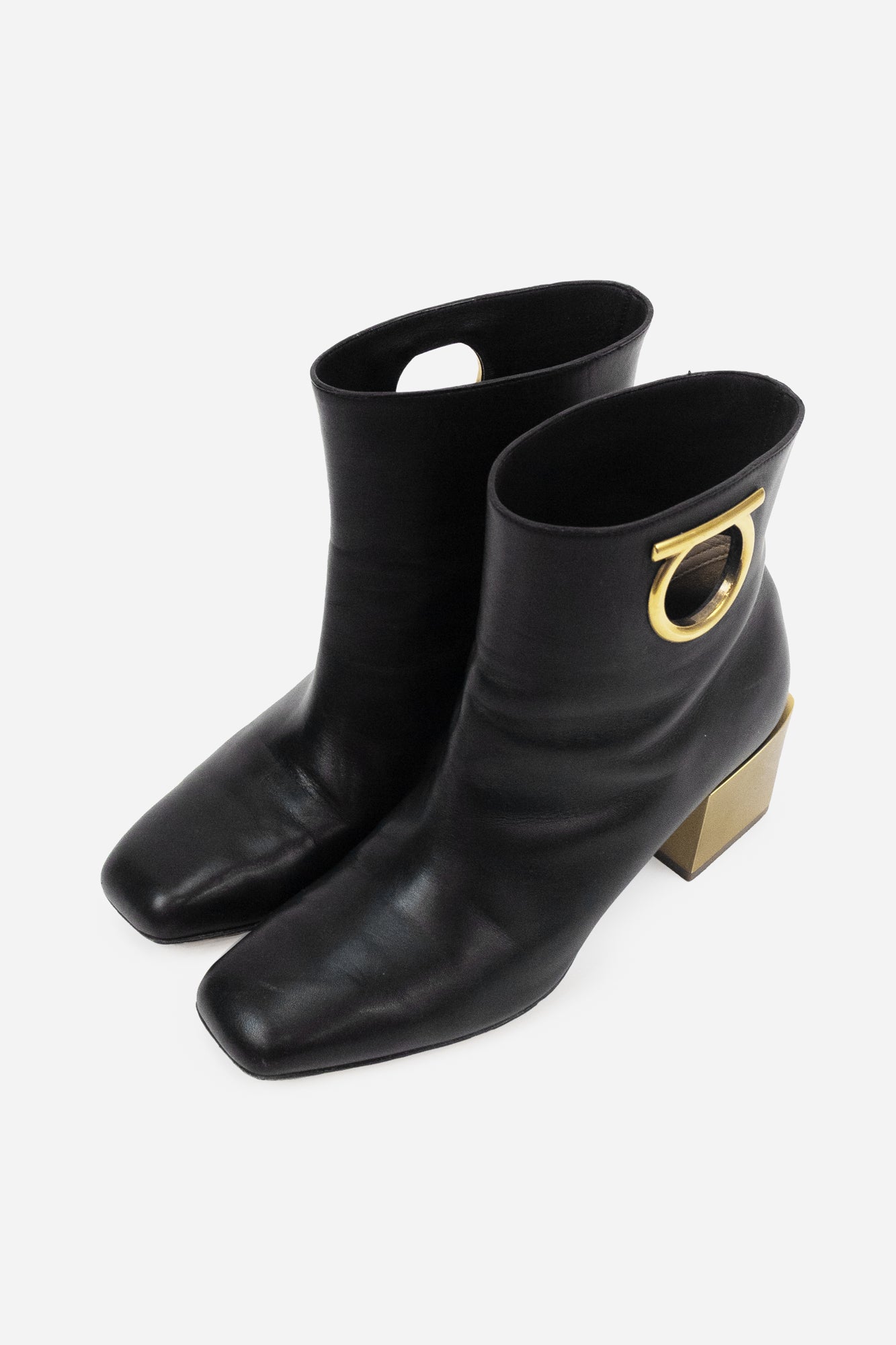 Gold Block Heel Boots Logo On Outside