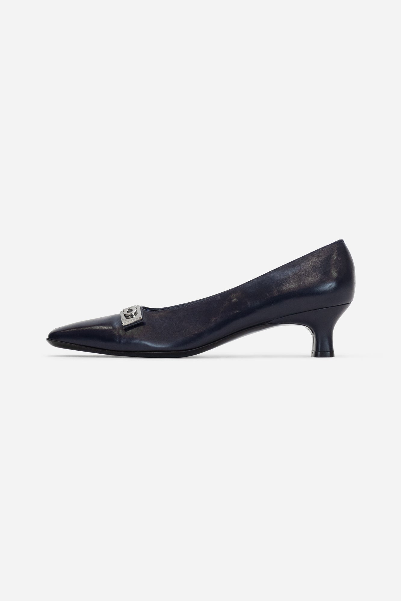 Navy Leather Silver Buckle Flat