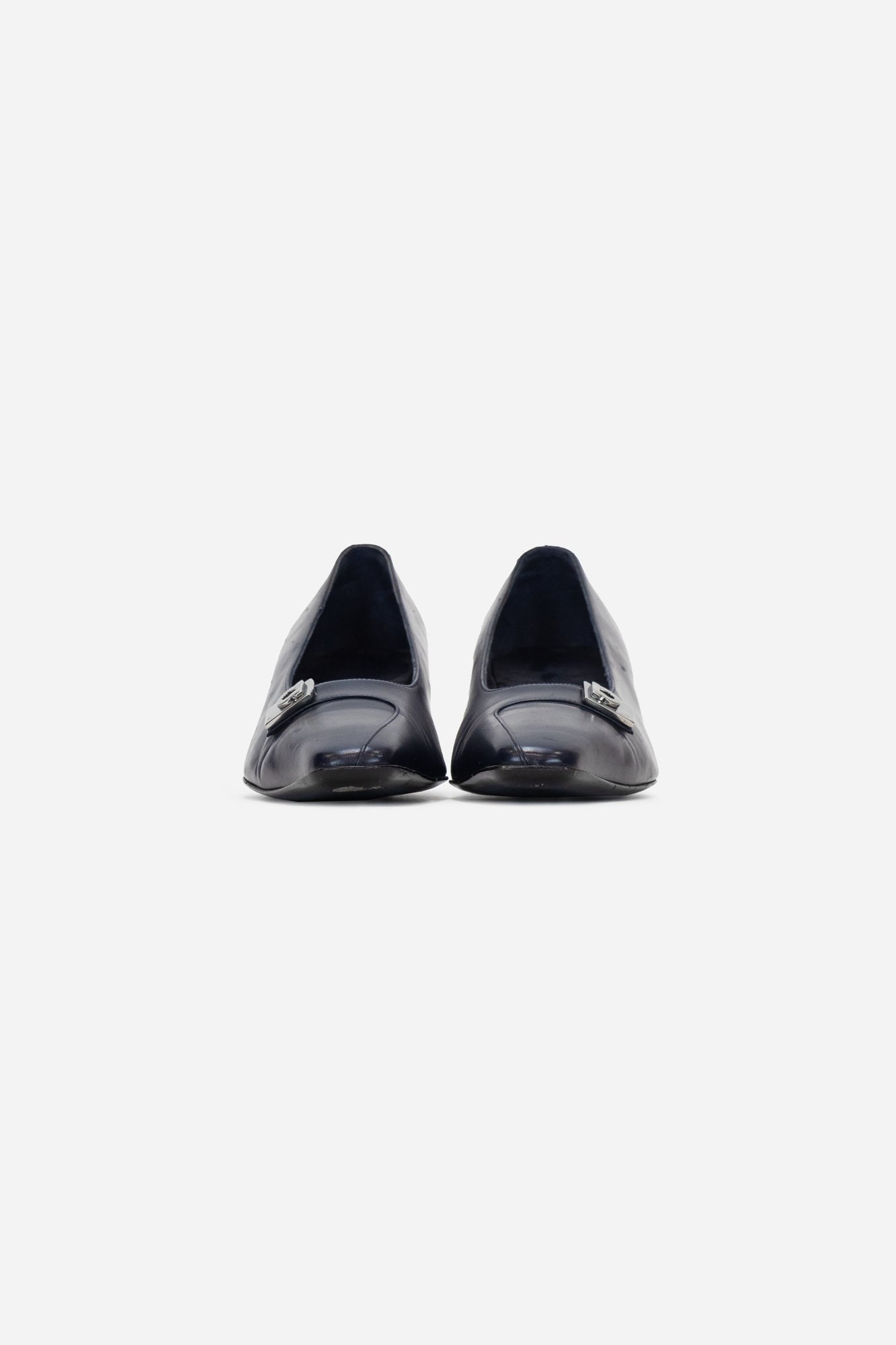 Navy Leather Silver Buckle Flat