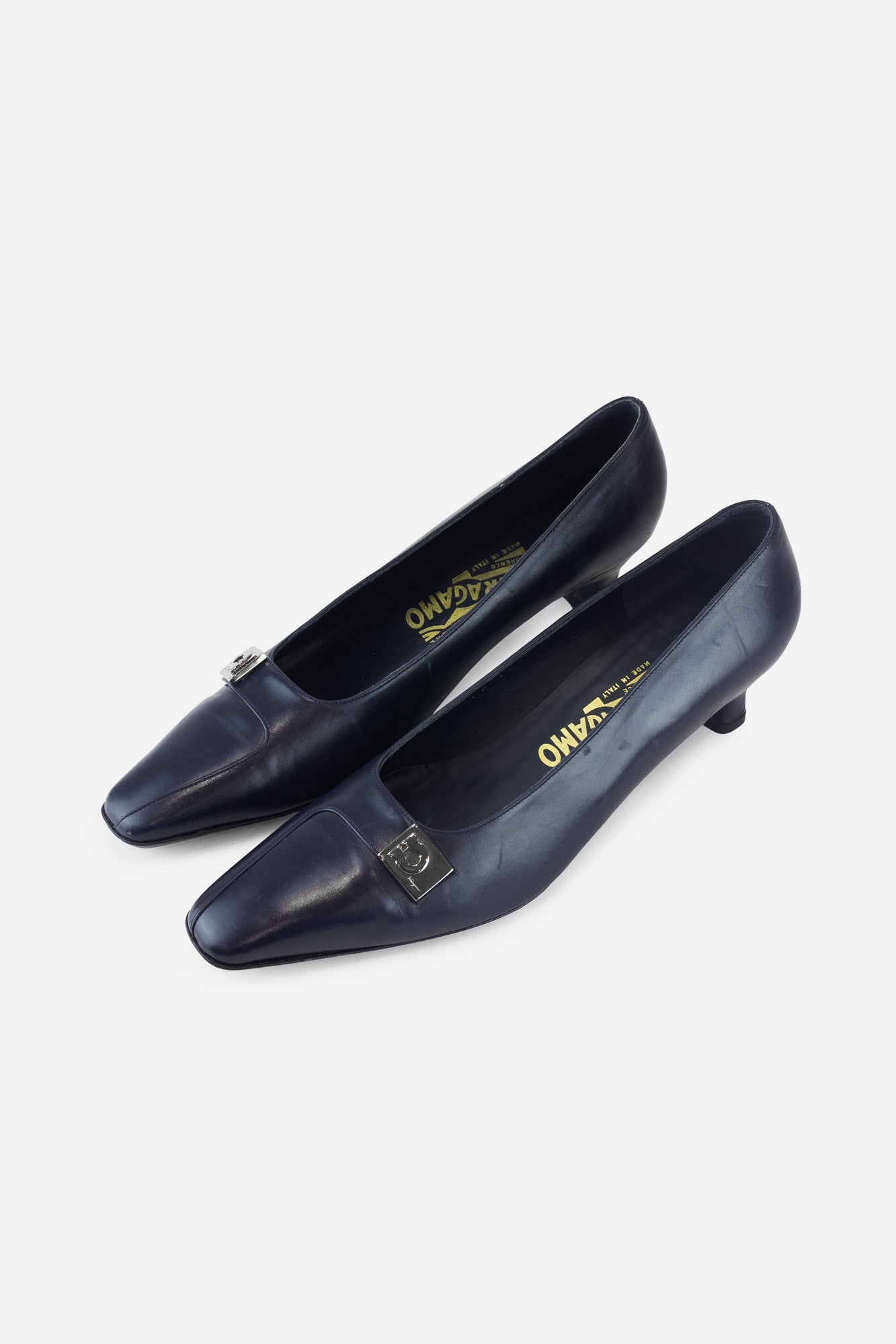 Navy Leather Silver Buckle Flat