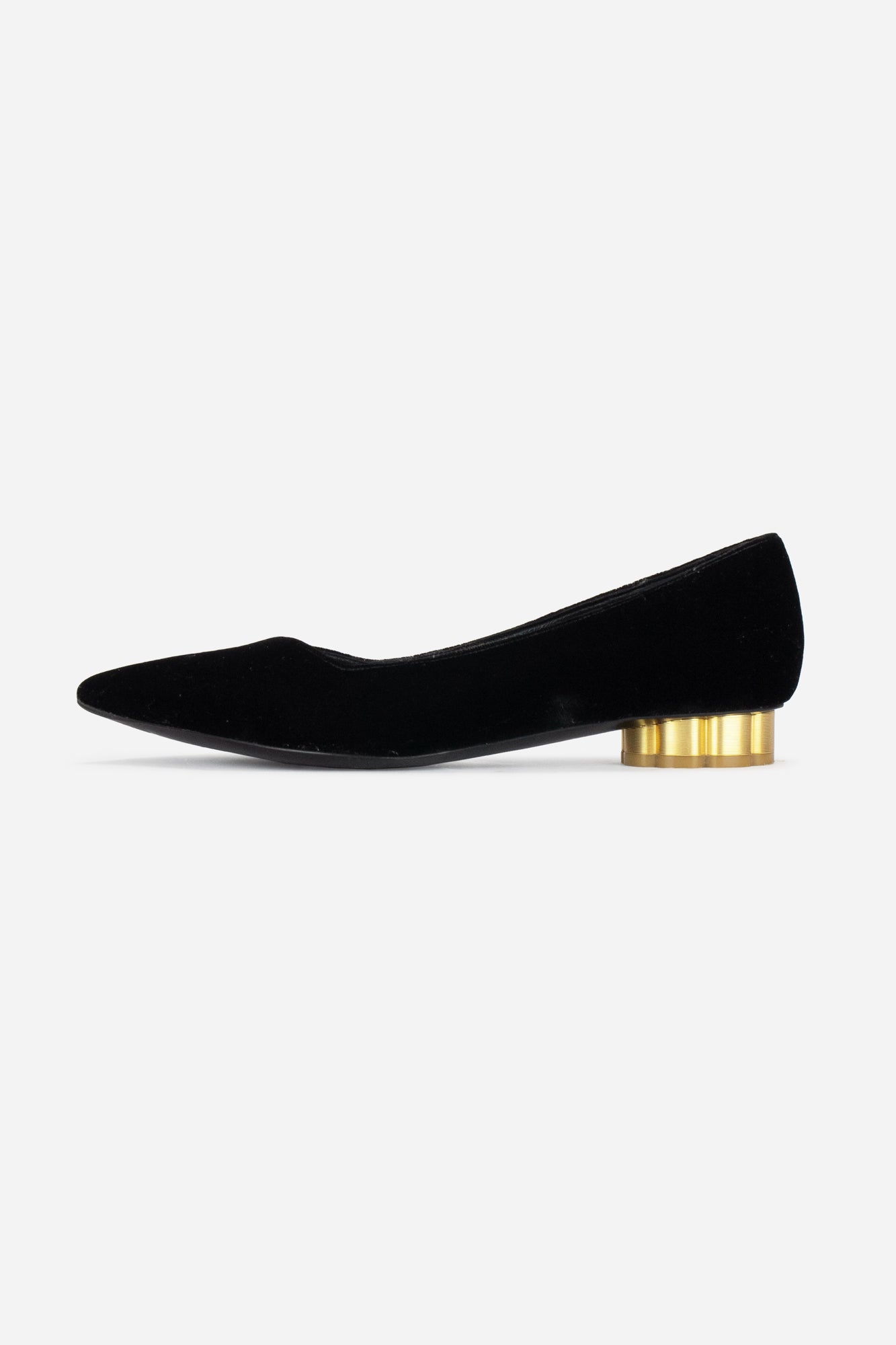 Black Velvet pointed toe flat with flower heel detail black suede, gold heel