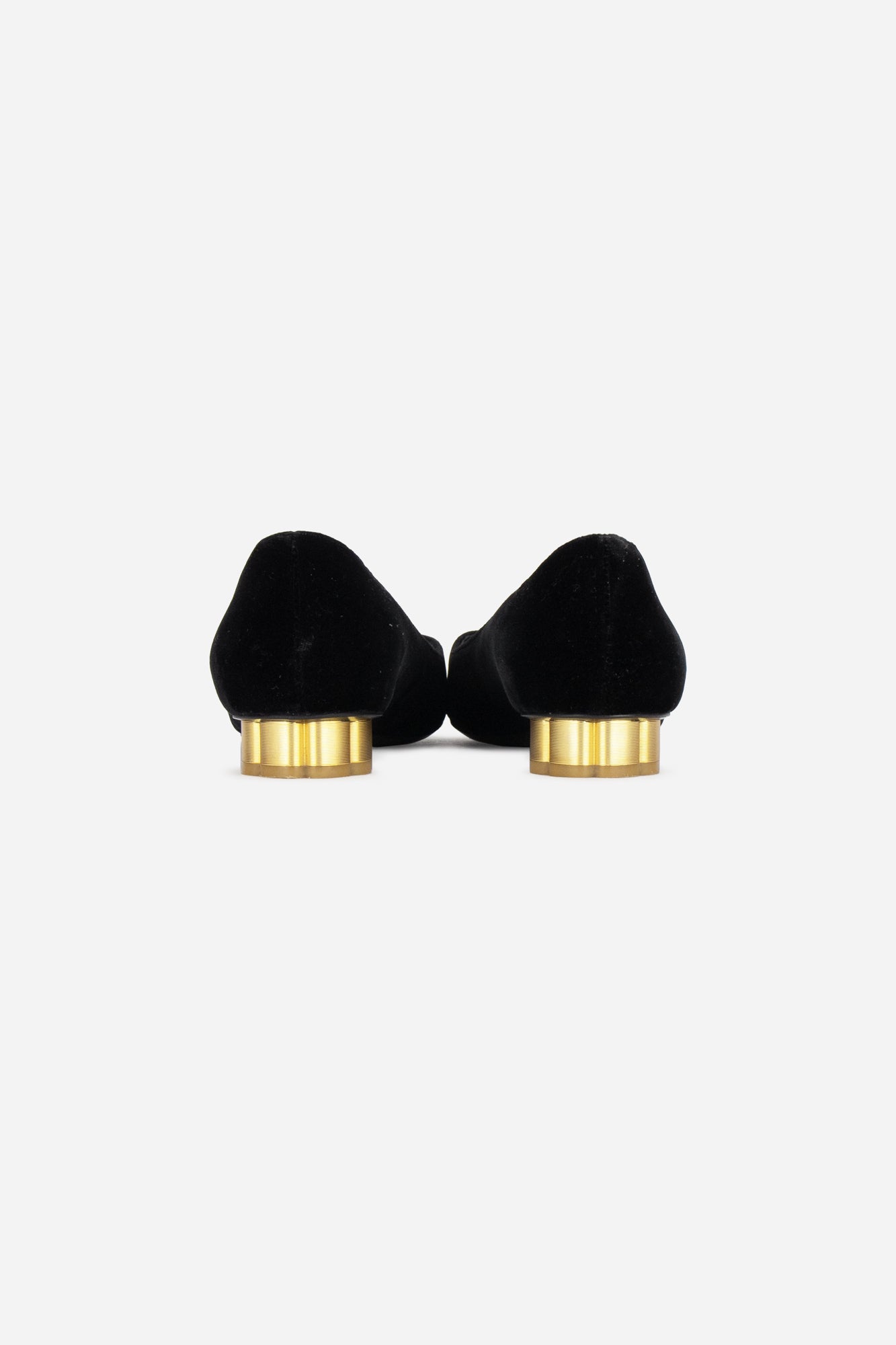 Black Velvet pointed toe flat with flower heel detail black suede, gold heel