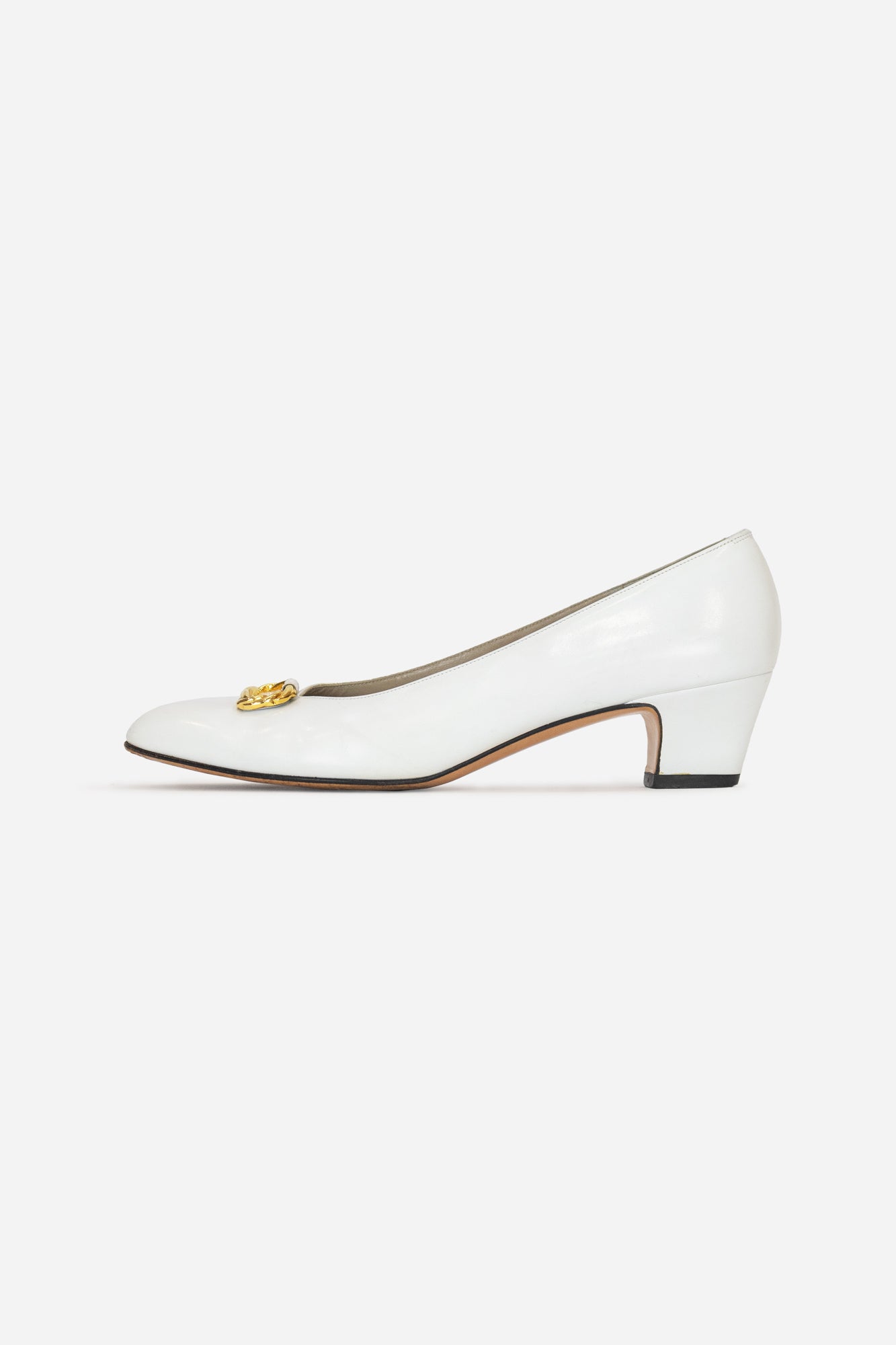 White Leather Pumps Gold Toe Detail