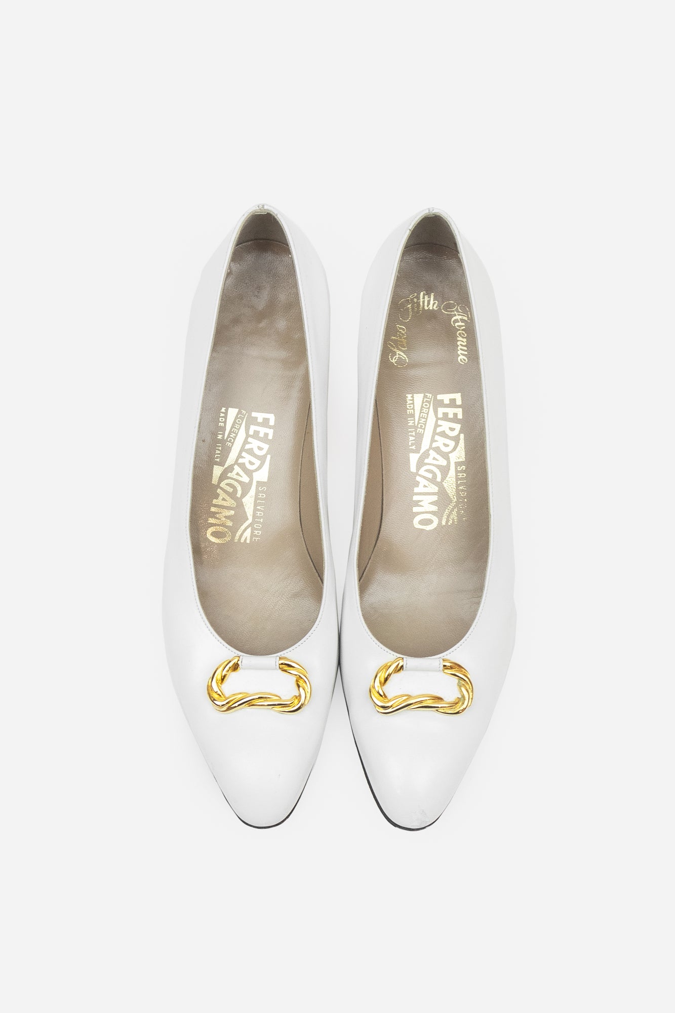 White Leather Pumps Gold Toe Detail