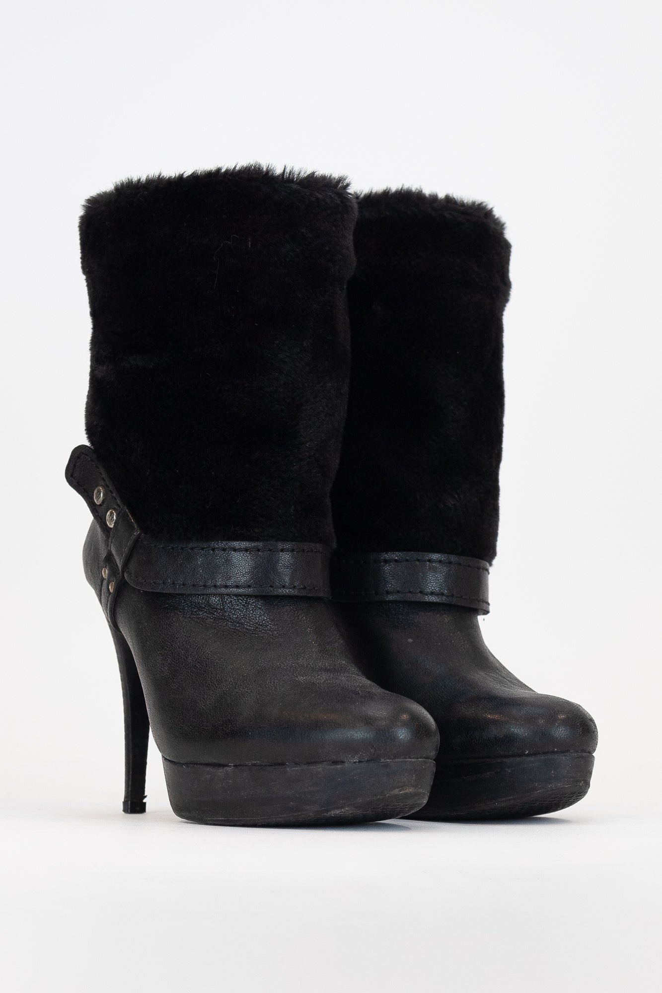 Black Faux Fur Leather Ankle Boot