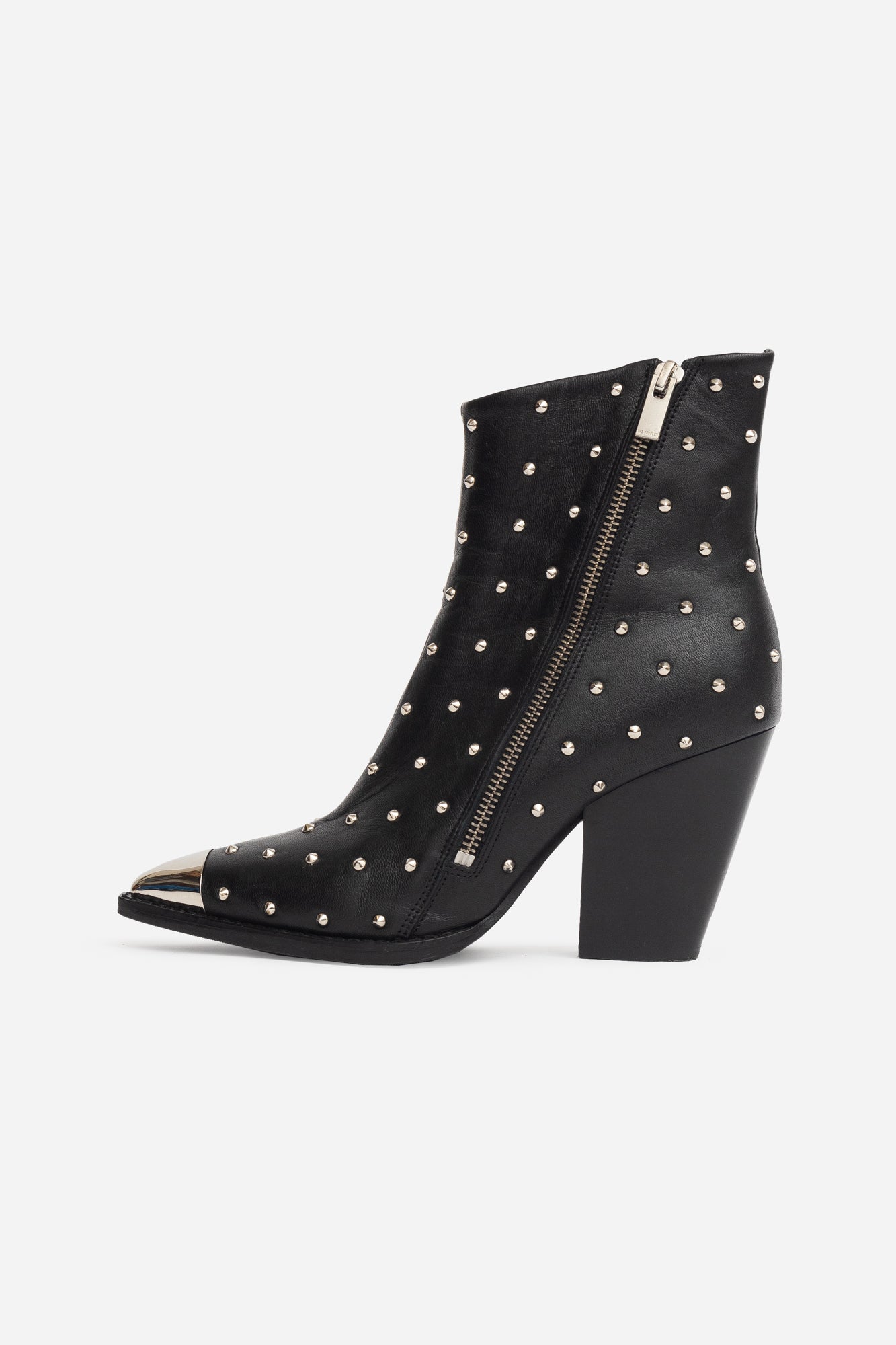 Silver Studded Black Leather Zip Up Boots W/ Silver To Cap