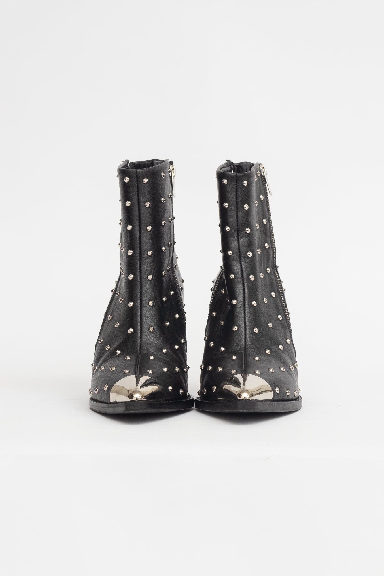 Silver Studded Black Leather Zip Up Boots W/ Silver To Cap