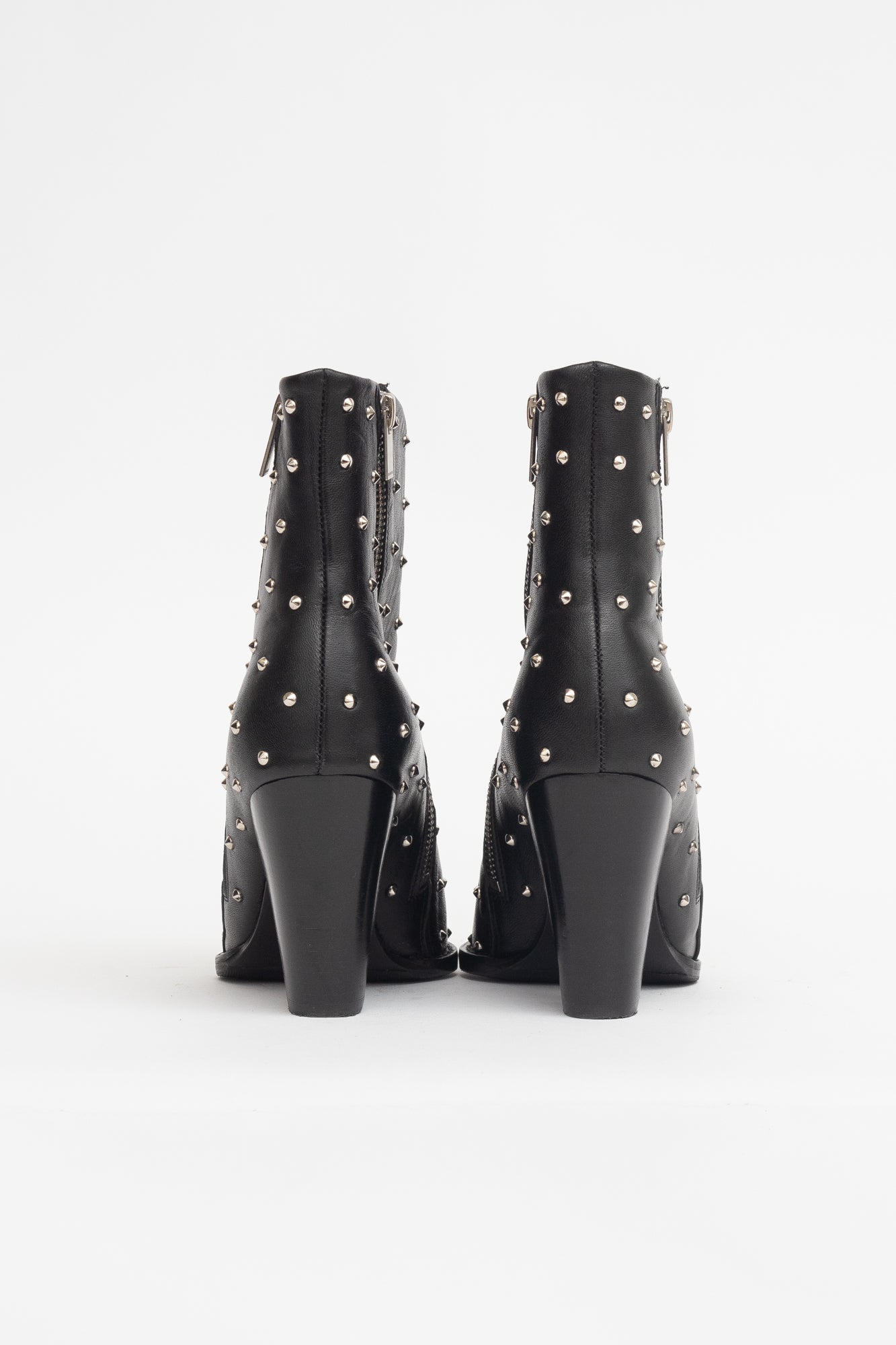 Silver Studded Black Leather Zip Up Boots W/ Silver To Cap