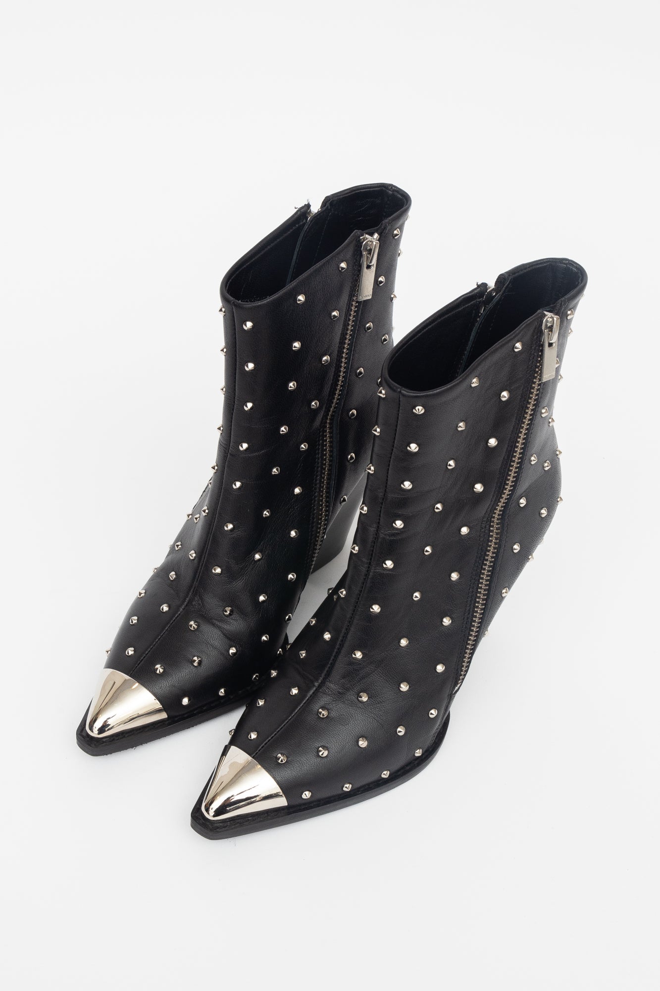 Silver Studded Black Leather Zip Up Boots W/ Silver To Cap