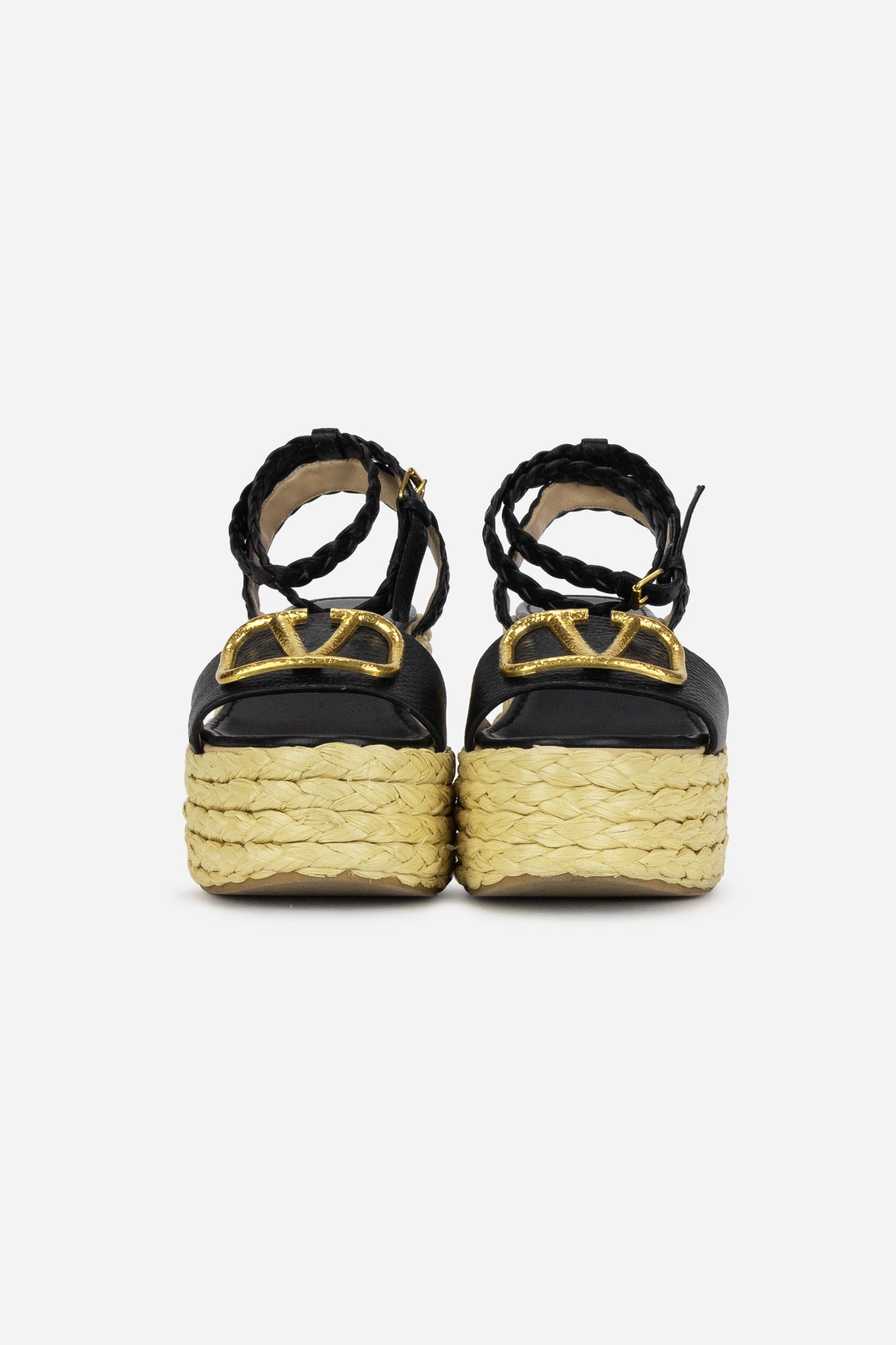 Black Leather V Logo Raffia Wedge Sandals with Braided Ankle Strap
