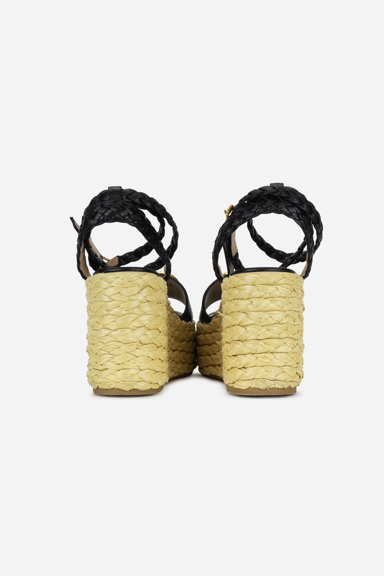 Black Leather V Logo Raffia Wedge Sandals with Braided Ankle Strap