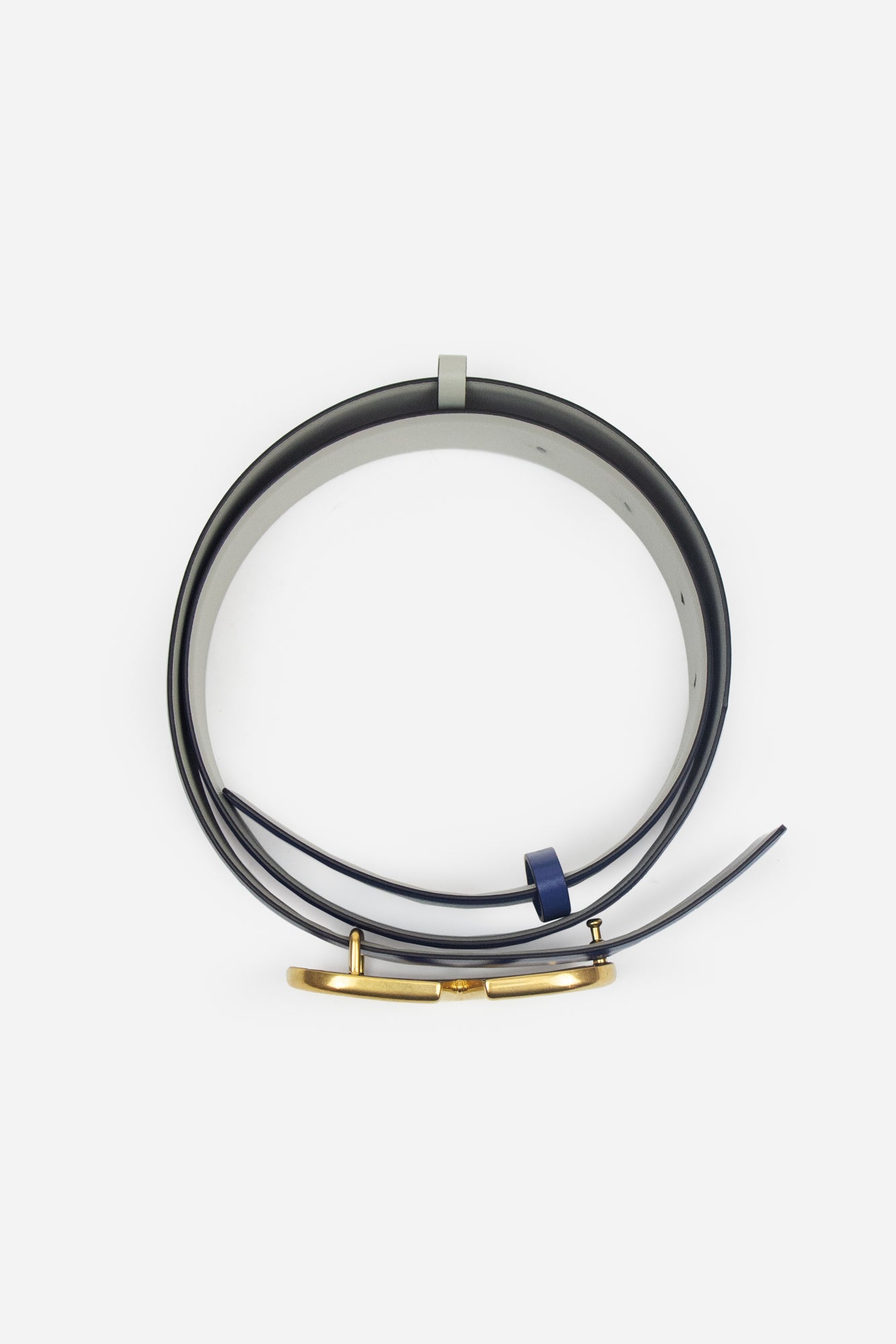 Blue And Grey Belt With Gold Hardware Logo