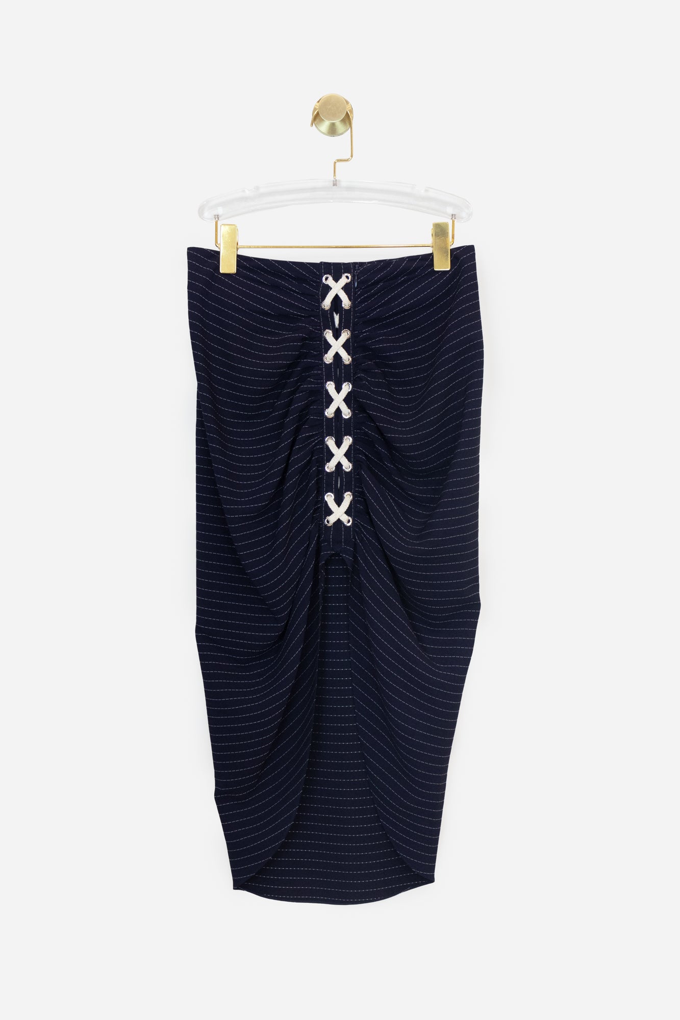 Navy PinStrip Skirt Shoelace Tie Front