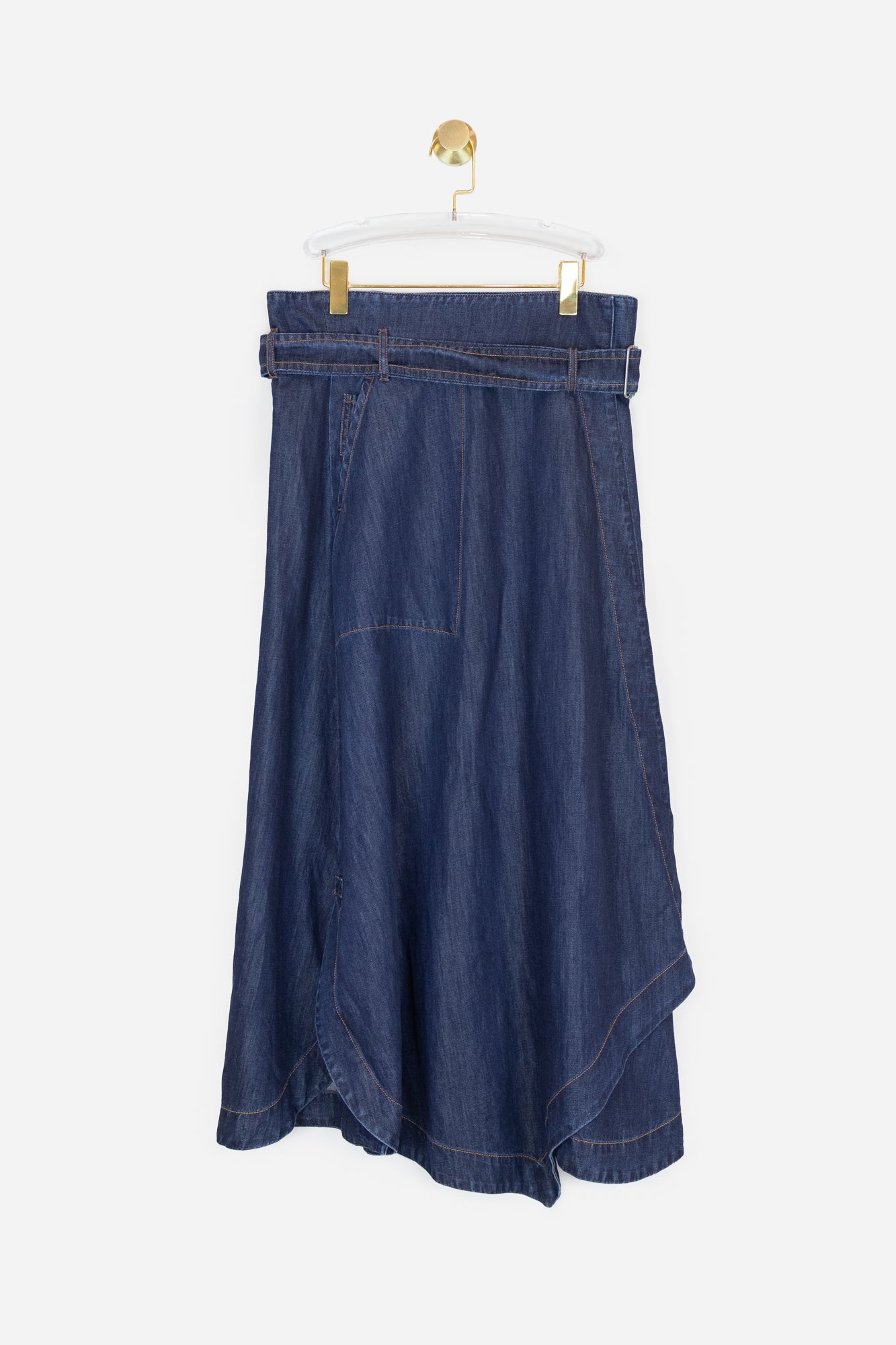 Blue Denim Belted Midi Skirt